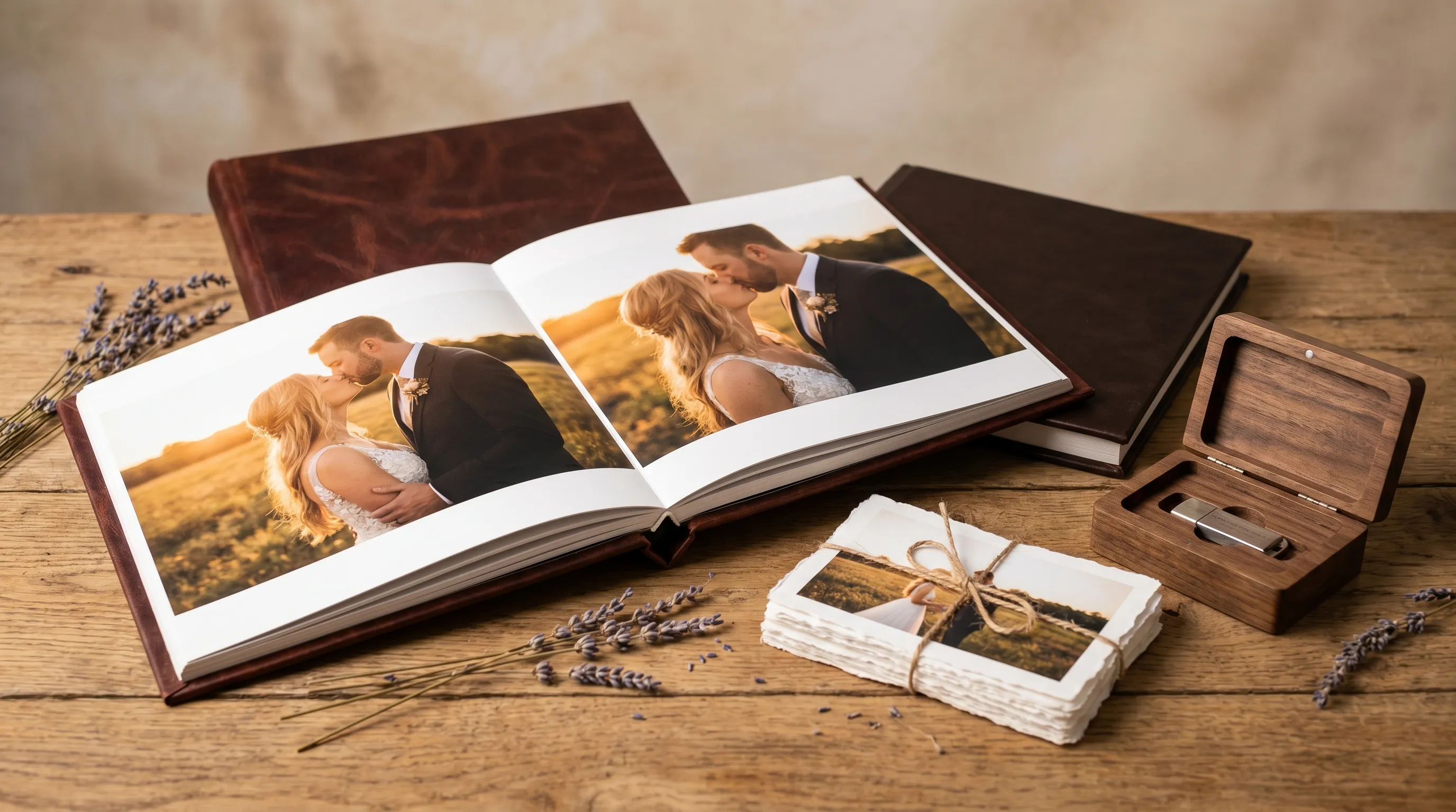 Album foto de nuntă de top din piele, USB în cutie de lemn și fotografii printate — livrabilele unui pachet exclusivist