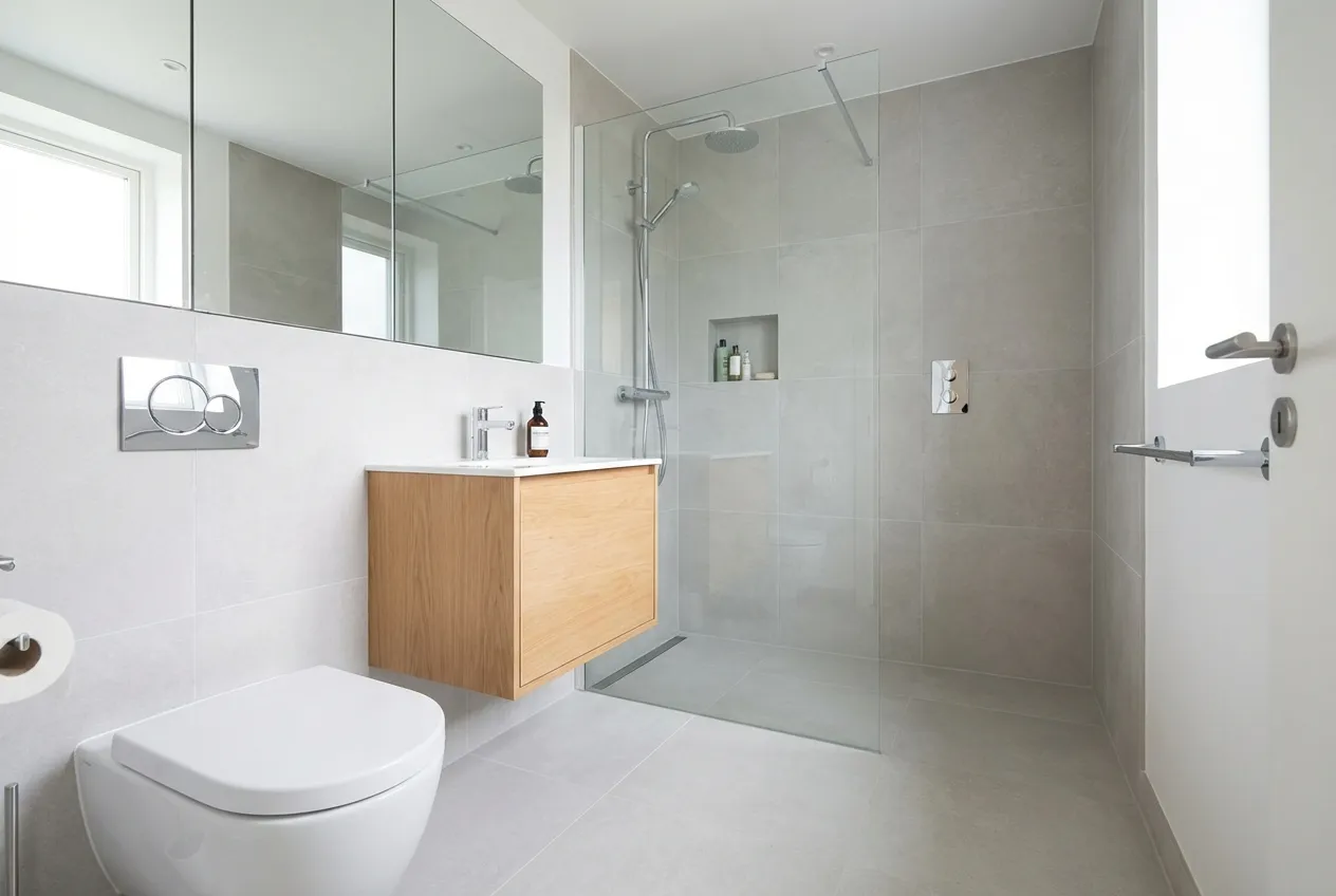 Baie modernă renovată cu obiecte sanitare noi și instalații profesionale în Brașov