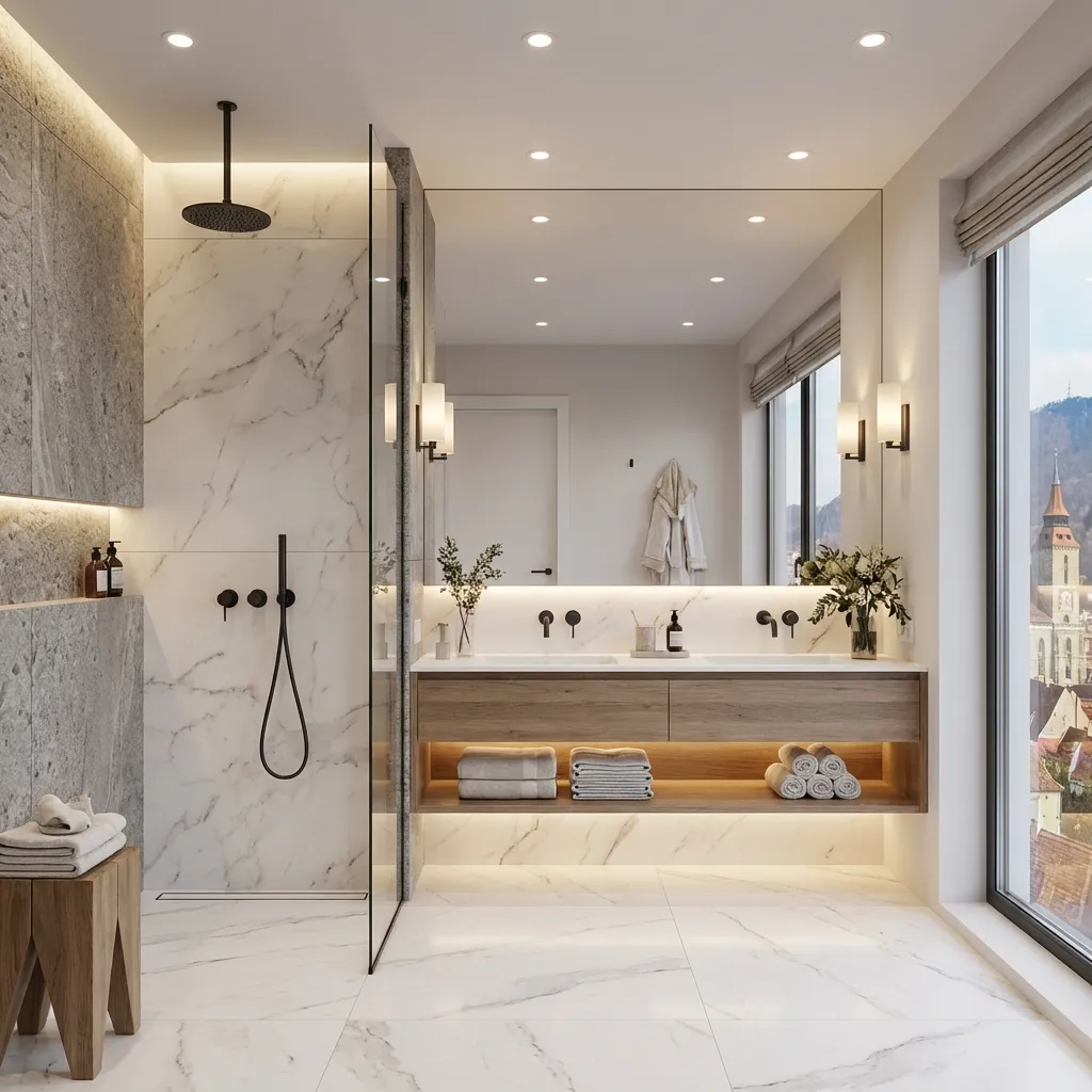 Baie modernă cu gresie faianță premium montată profesional