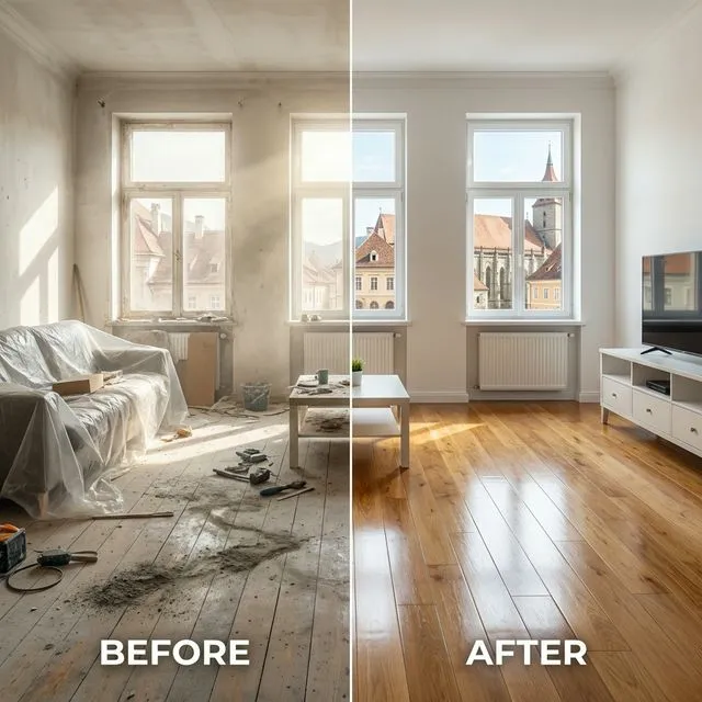 Comparație înainte și după curățenie post-constructor în apartament Brașov - transformare dramatică
