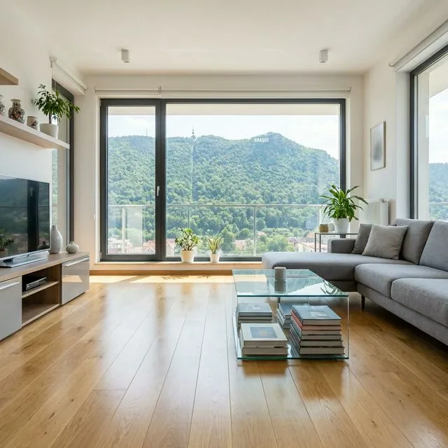 Apartament modern impecabil în Brașov după curățenie profesională - pardoseli strălucitoare și vedere la Tâmpa