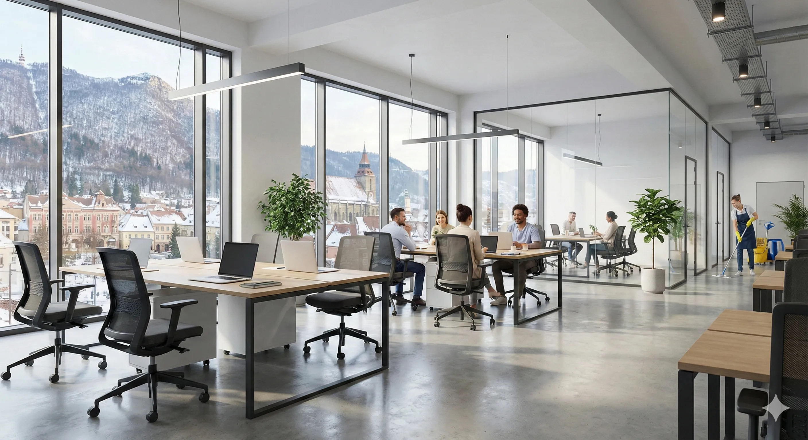 Birou modern curat și organizat în Brașov după curățenie profesională - angajați lucrând fericiți în spațiu impecabil