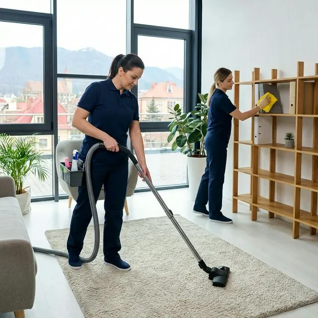 Echipă profesională de curățenie lucrând eficient într-un apartament modern din Brașov