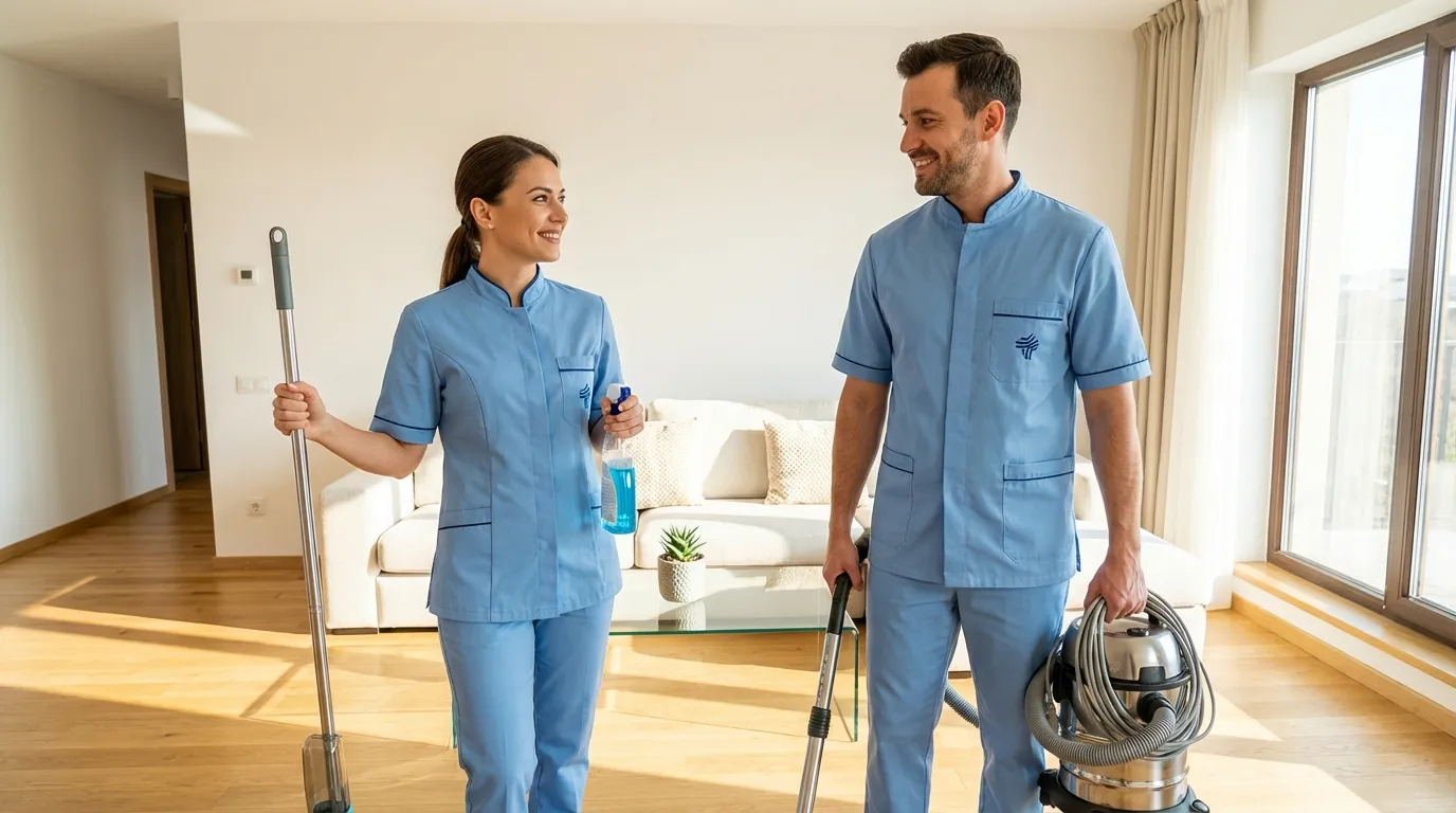 Echipă profesională de curățenie în uniforme de firmă cu echipamente profesionale, pregătită pentru o intervenție în Brașov