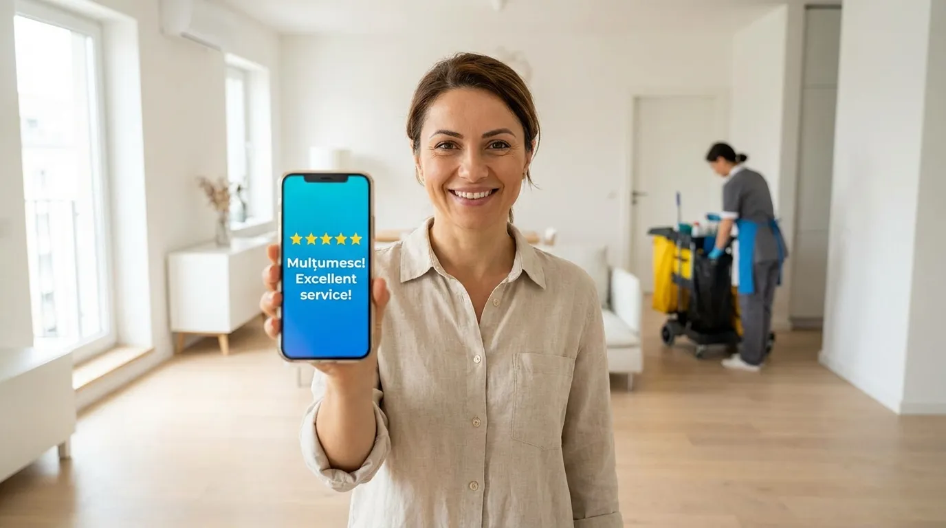 Client mulțumit lăsând o recenzie de 5 stele pe telefon după serviciu de curățenie profesională în Brașov