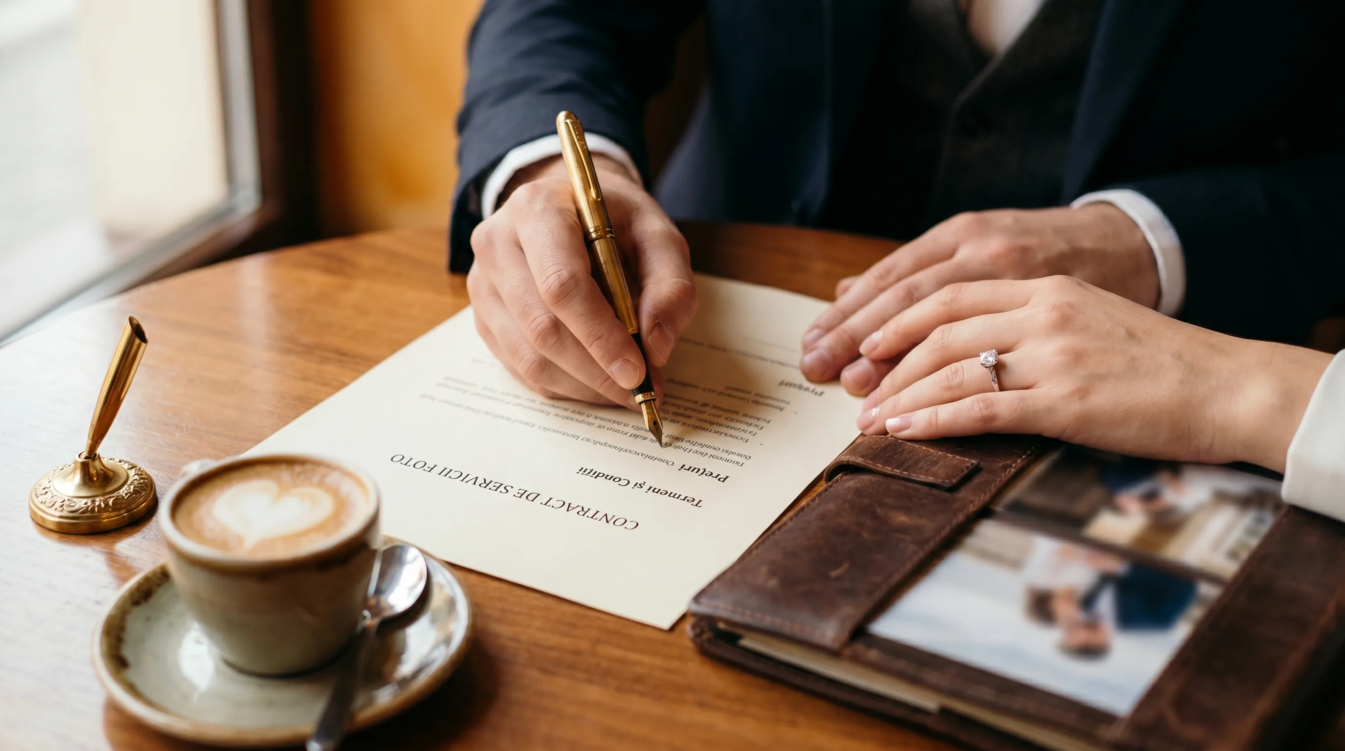 Cuplu de logodnici semnând contractul de fotografie cu fotograful — moment care formalizează colaborarea