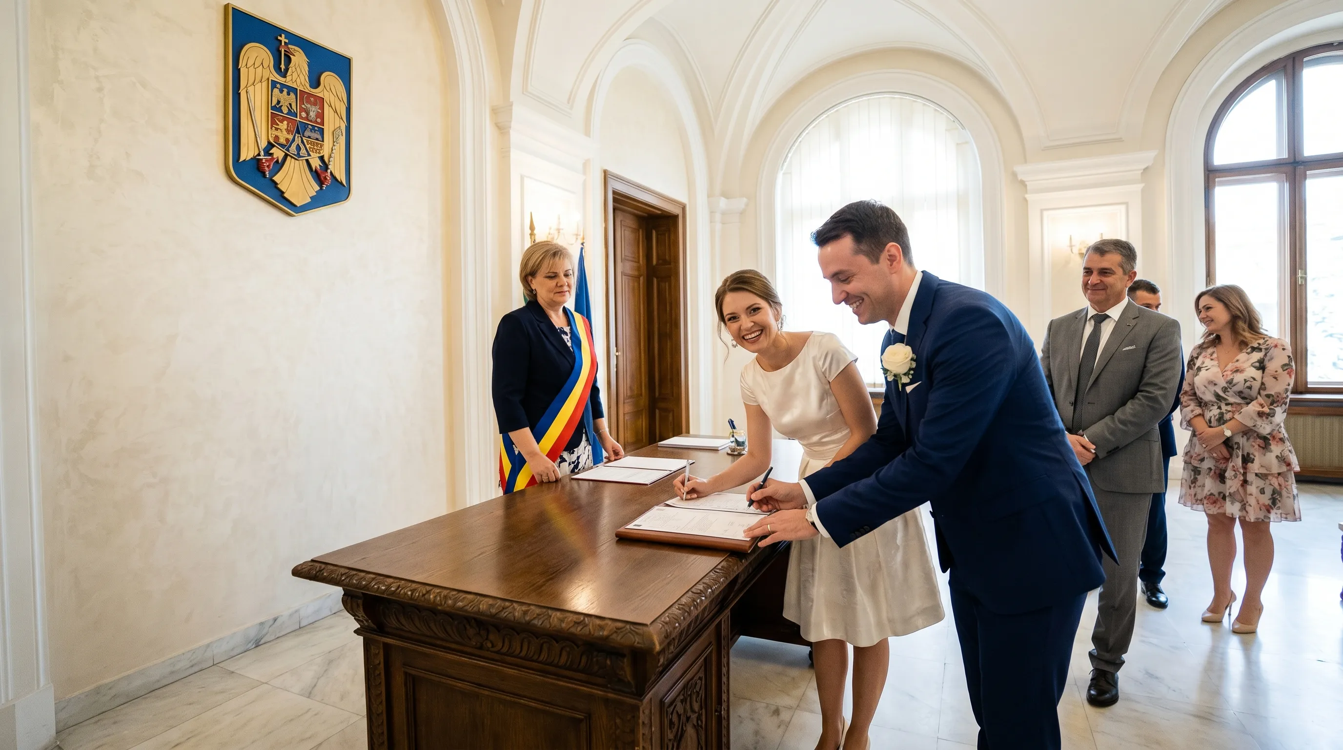 Cuplul semnează registrul de stare civilă la primăria Brașov în timpul cununiei civile