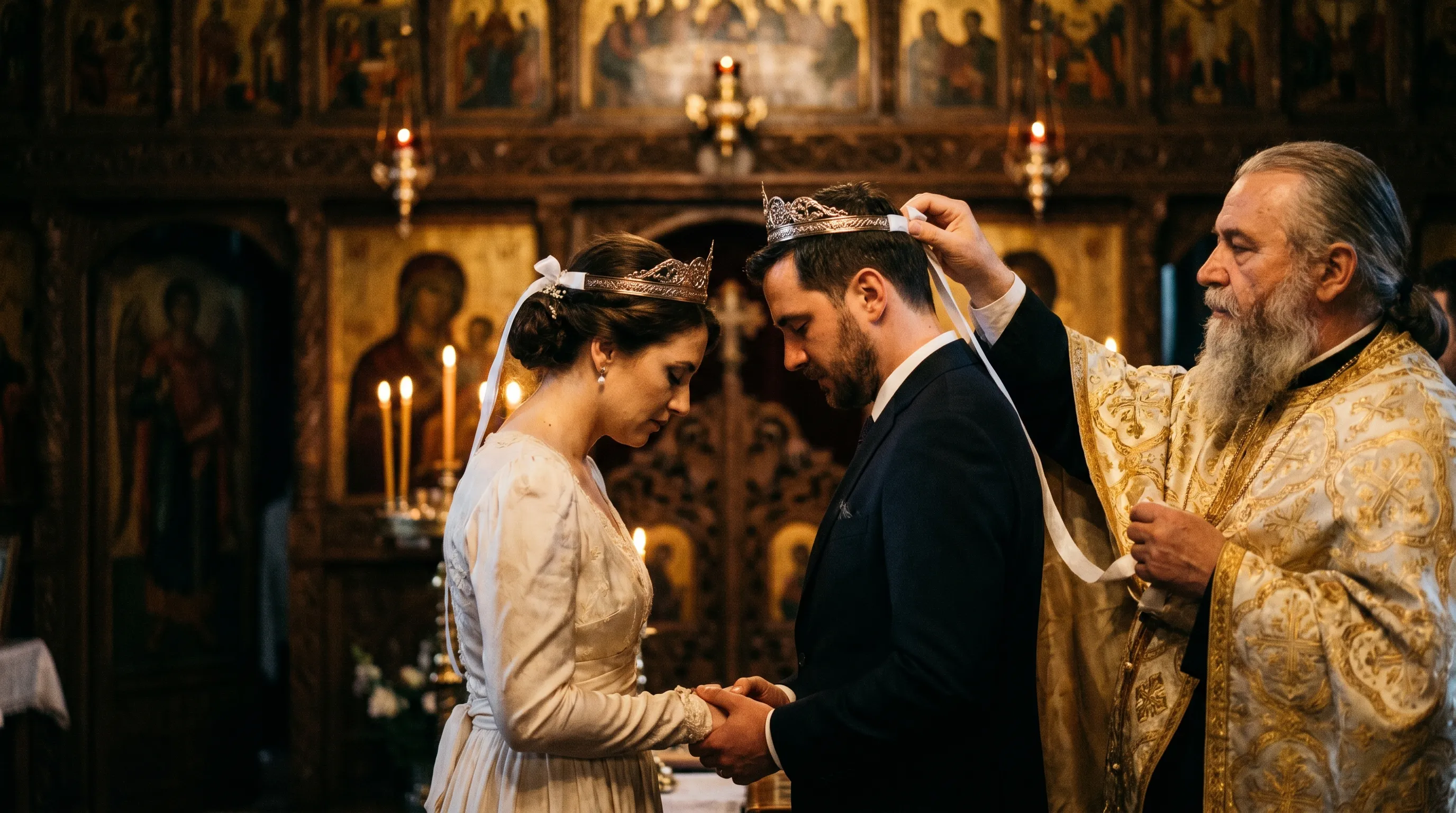 Momentul cununiei religioase într-o biserică ortodoxă din Brașov - schimbul de coroane între miri