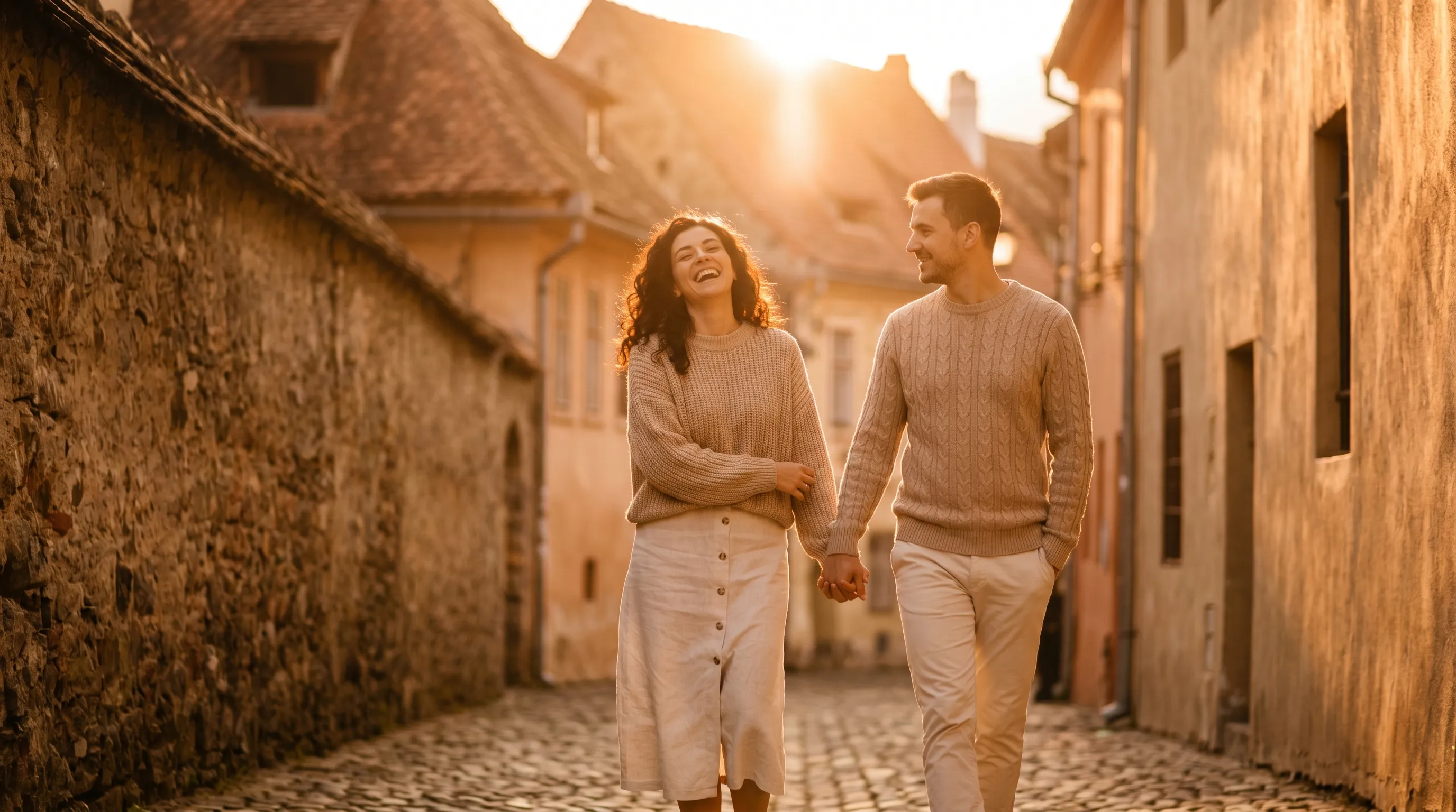 Cuplu de logodnici se plimbă pe Strada Sforii din Centrul Vechi Brașov la apus