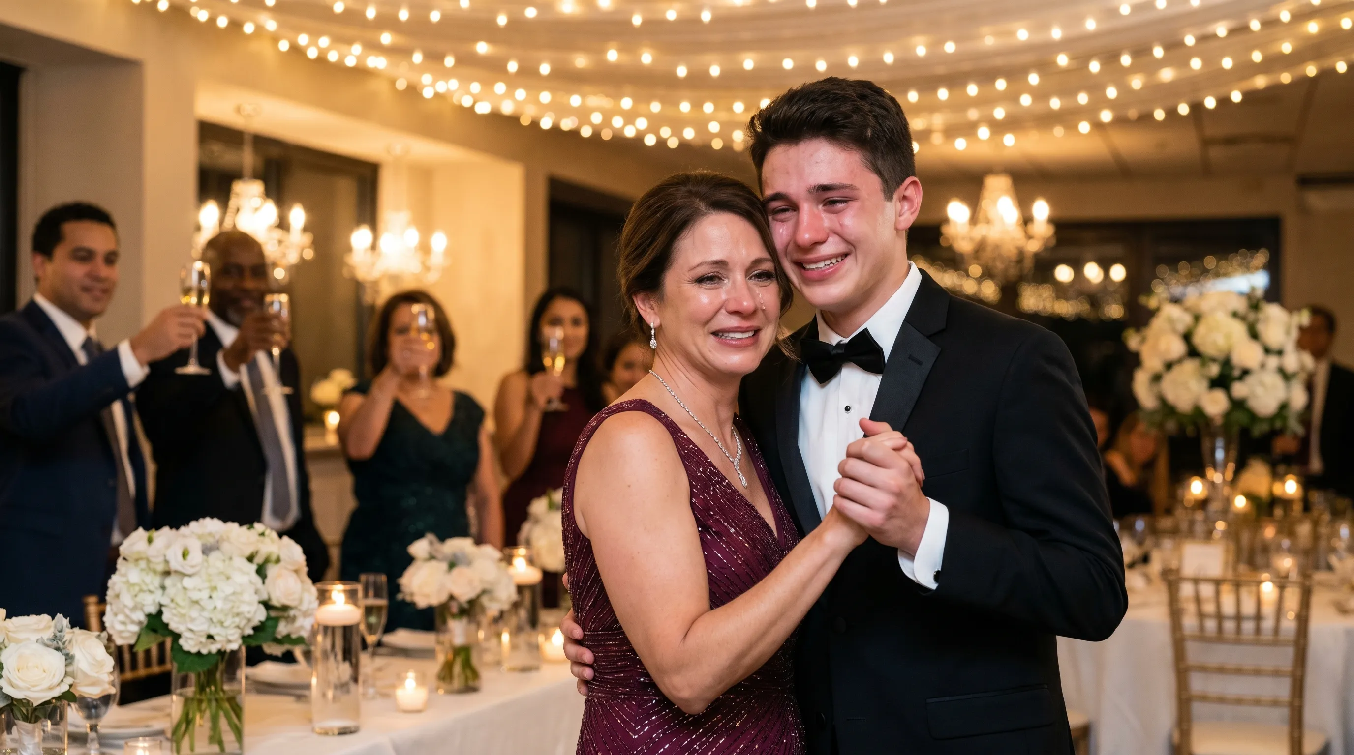 Fiul de 18 ani dansează cu mama lui sub luminile calde ale restaurantului la majorat