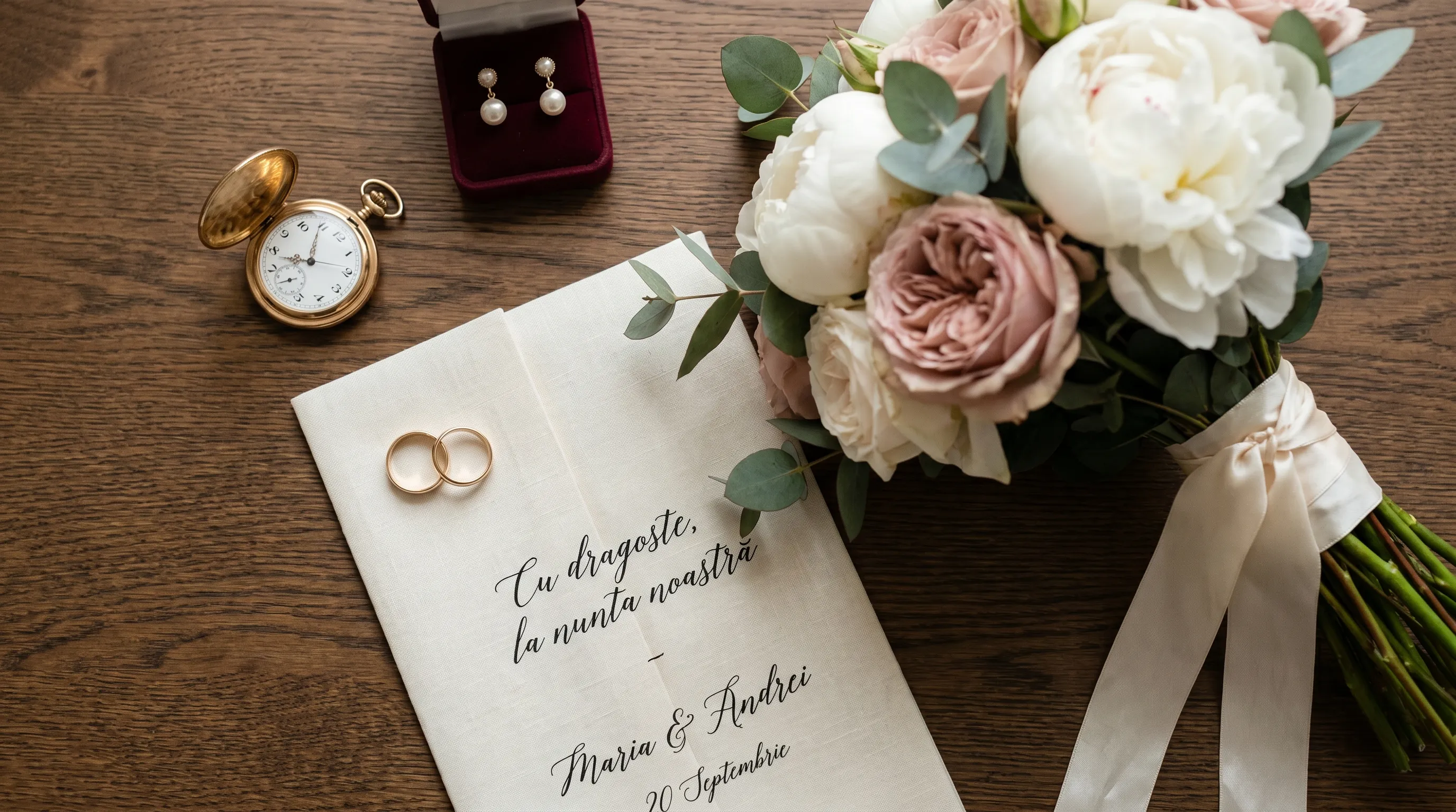 Detalii de nuntă - verighetele aurii pe invitația cu caligrafie elegantă, alături de buchetul miresei