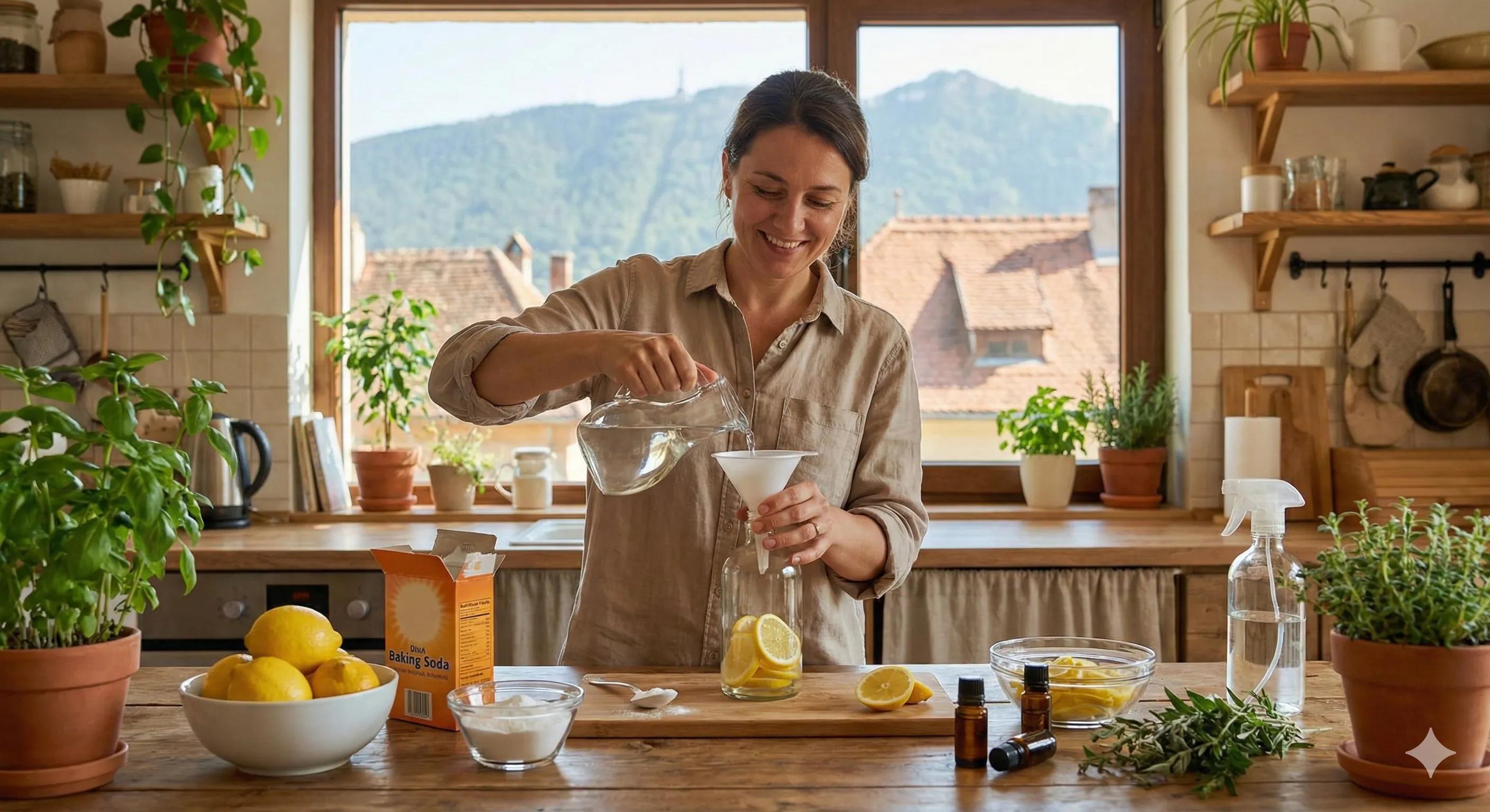 Persoană preparând spray natural de curățenie în bucătărie Brașov - amestecând oțet, apă și uleiuri esențiale