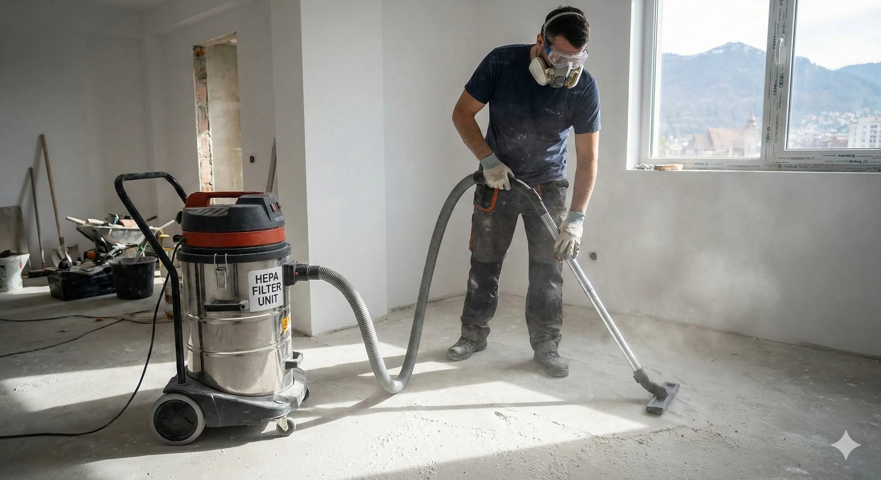 Aspirare profesională praf ciment cu HEPA industrial după renovare în Brașov