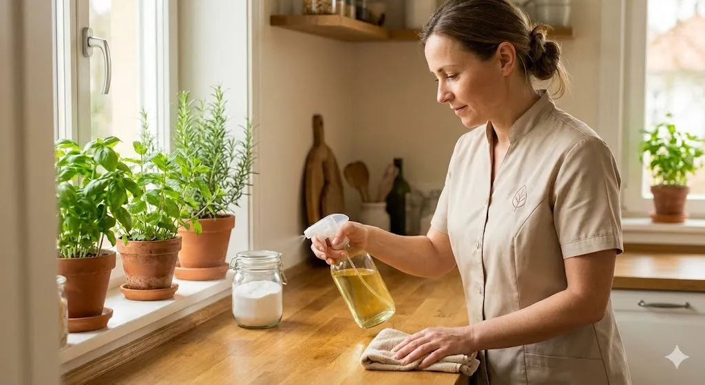 Profesionist folosind produse eco naturale pentru curățenie în casă Brașov