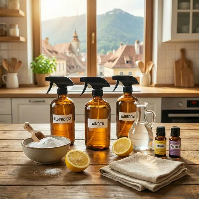 Produse naturale de curățenie ecologică aranjate pe masă în bucătărie Brașov - oțet, bicarbonat, lămâi, uleiuri esențiale
