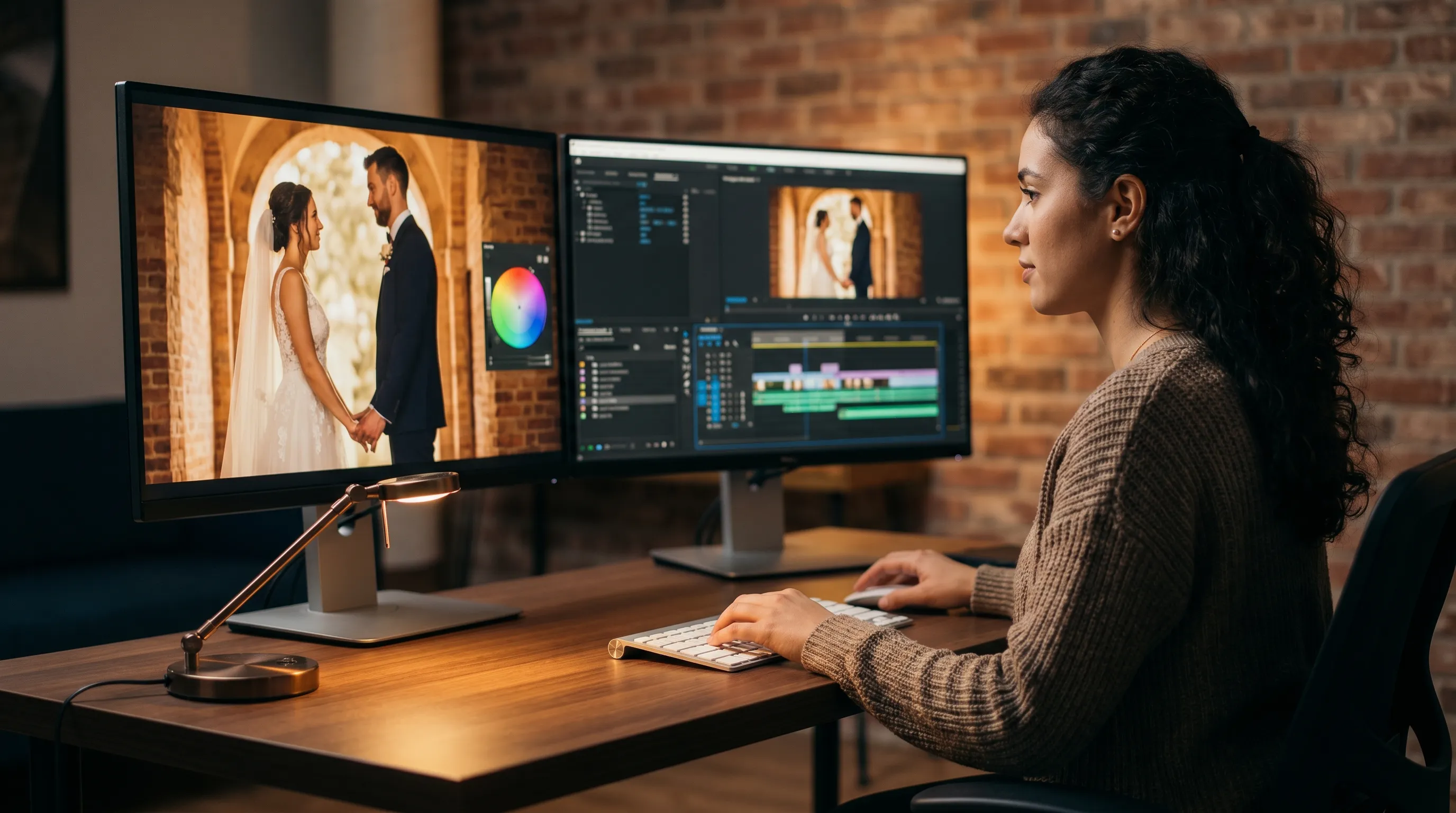 Videograf editează postproducție într-un studio de montaj cu monitoare profesionale calibrate