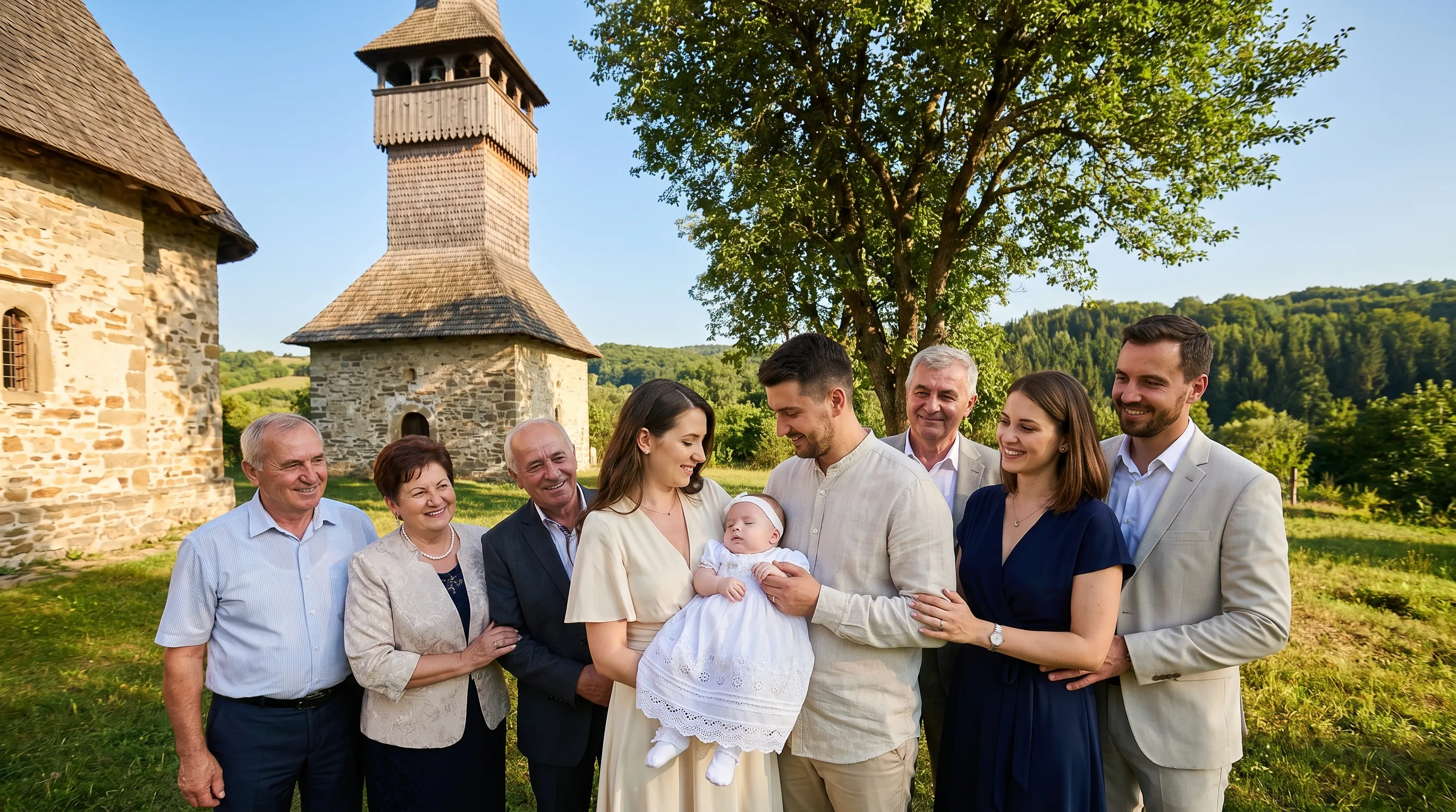 Portret de familie după botez - părinții, naşii, bunicii și bebelușul în fața bisericii