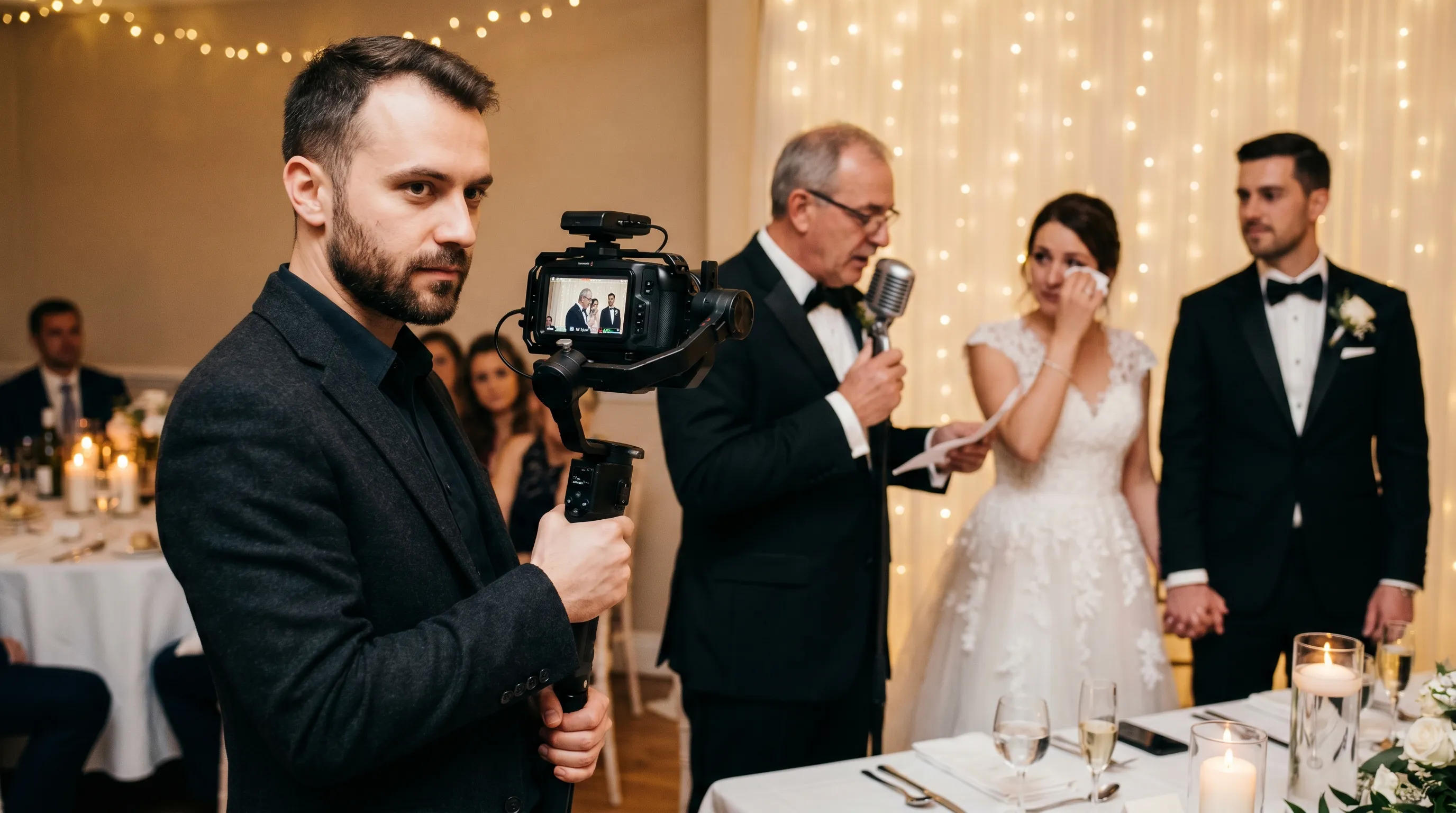 Videograf cu cameră cinematografică surprinde discursul tatălui miresei la masa de prezidiu