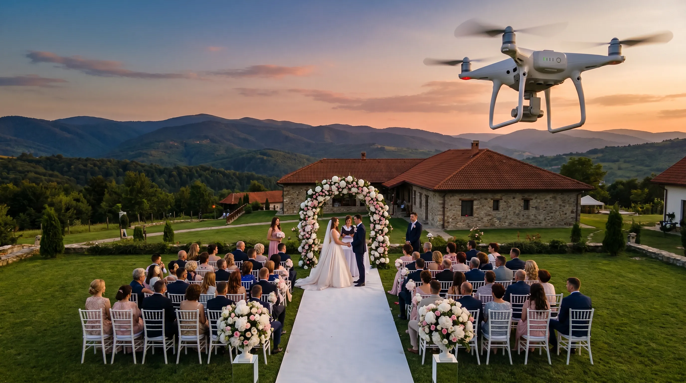 Drone profesională filmează din aer momentul cununiei la o nuntă în aer liber în Transilvania