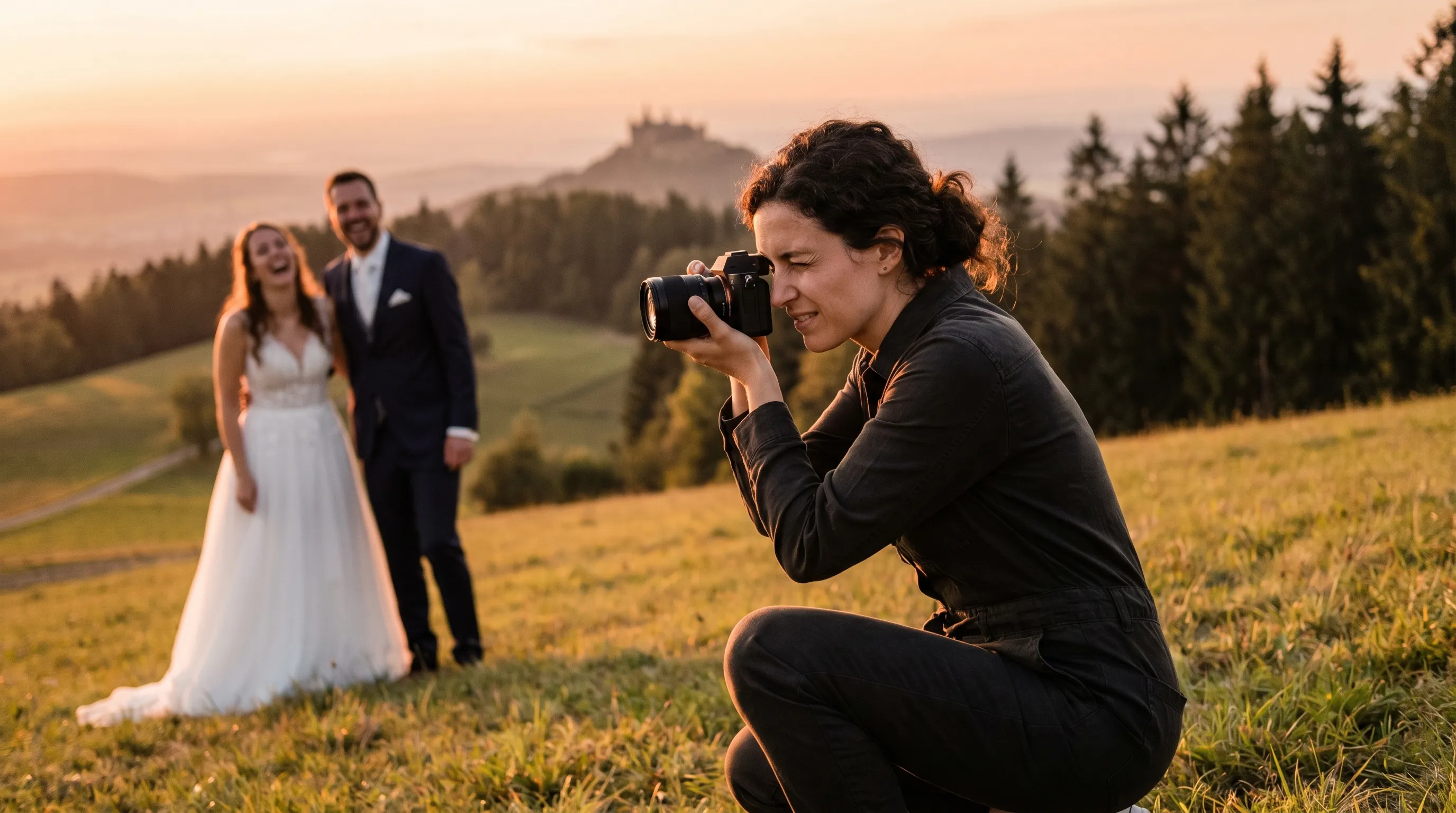 Fotografă profesionistă în lucru la o ședință foto exterioară de cuplu în natura din împrejurimile Brașovului