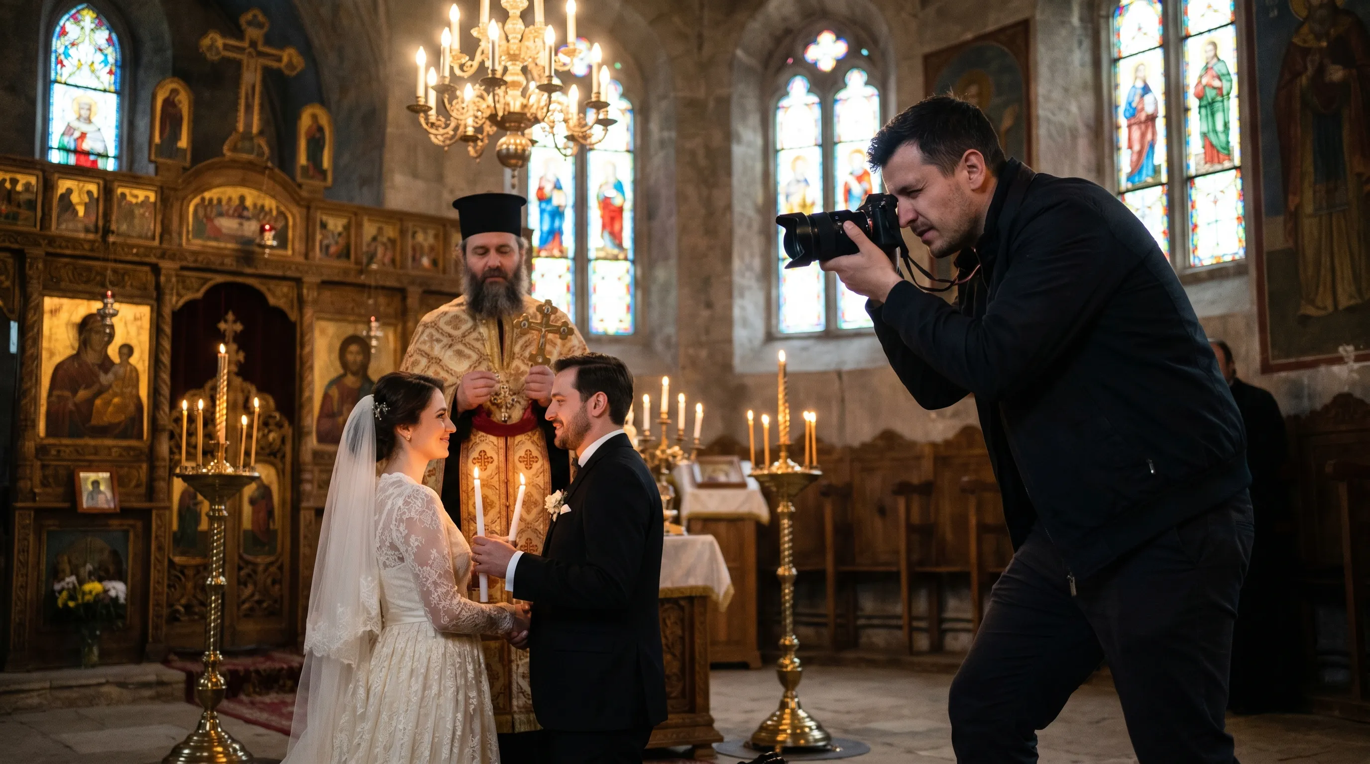 Fotograf de nuntă din Brașov surprinzând momentul cununiei religioase într-o biserică ortodoxă