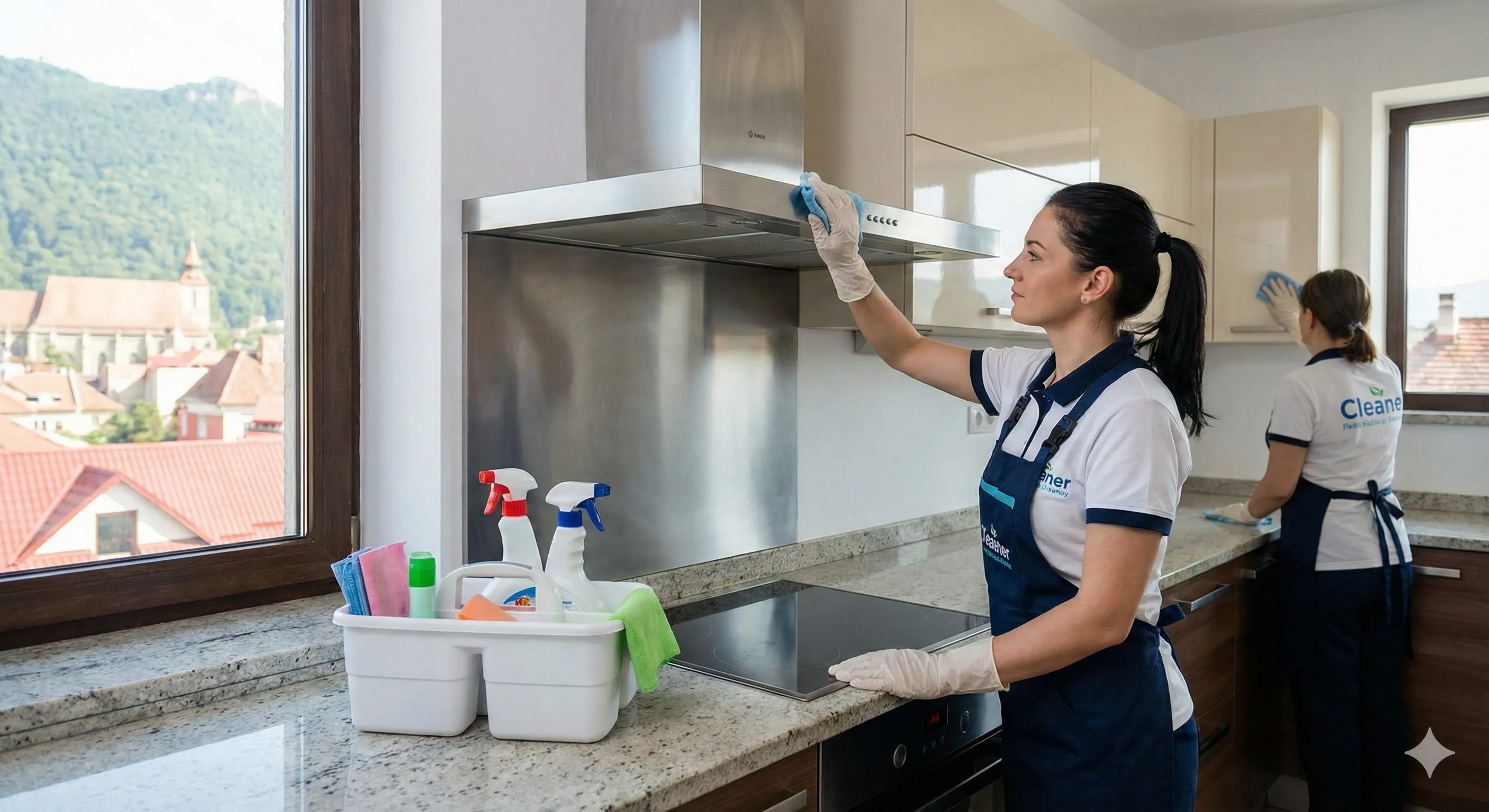 Curățenie profesională bucătărie Brașov - degresare blat, aragaz și suprafețe