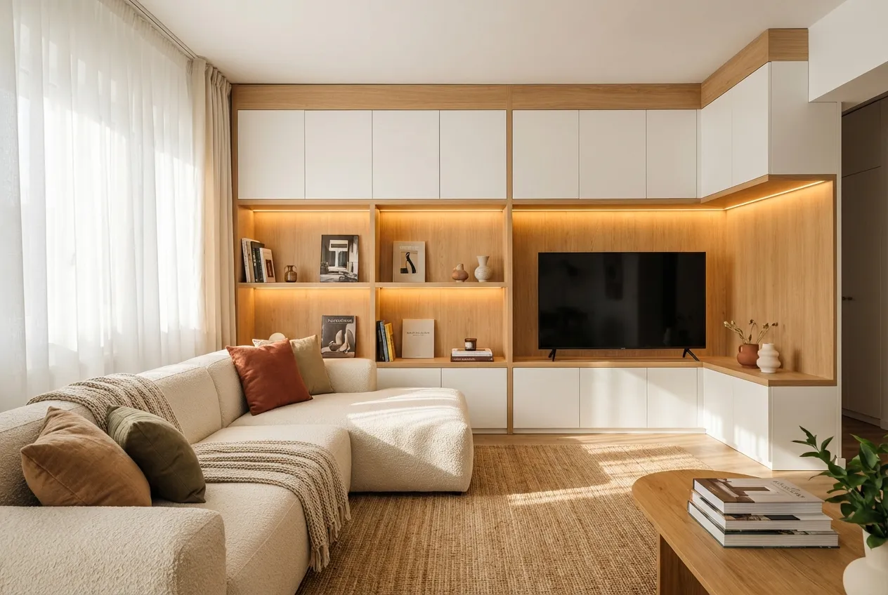 Mobilier living personalizat cu bibliotecă integrată și iluminat ambient în Brașov