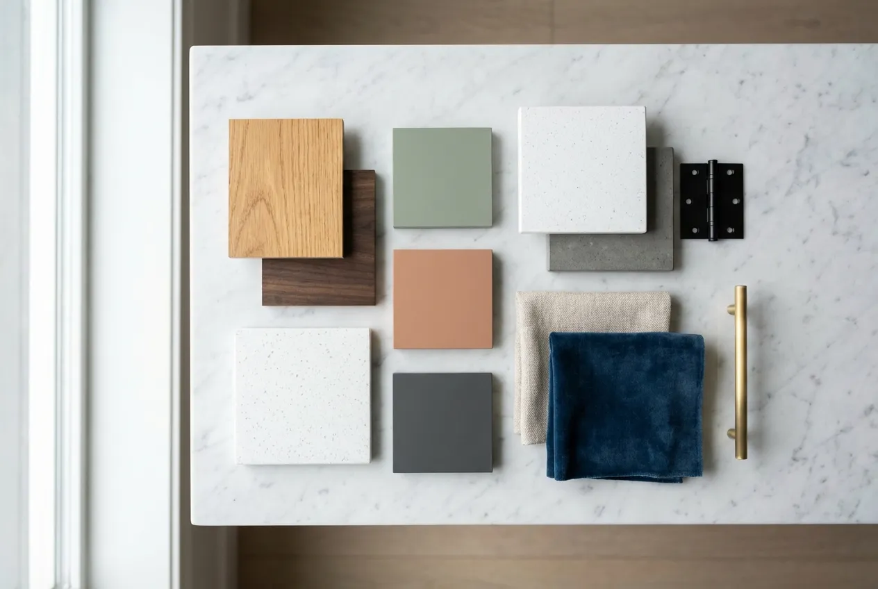 Mostre materiale amenajări interioare: lemn masiv, MDF, quartz, feronerie