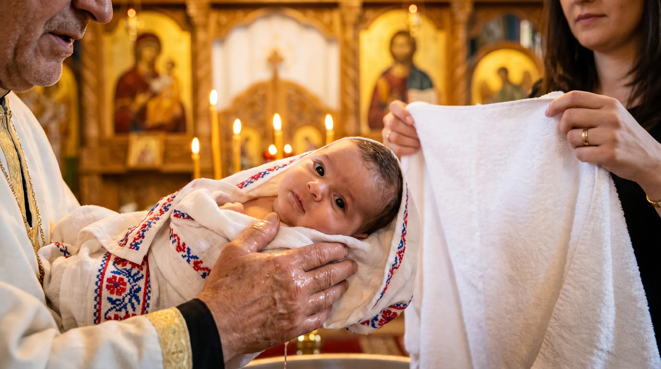 Momentul botezului ortodox - preotul ridică bebelușul învelit în prosopul alb după scufundare