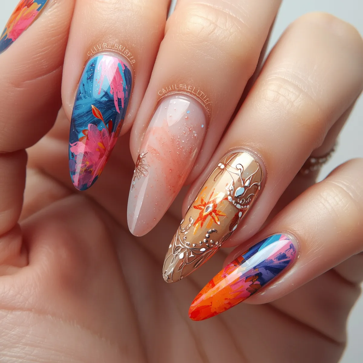 Design floral tropical pe unghii cu detalii marine și glitter