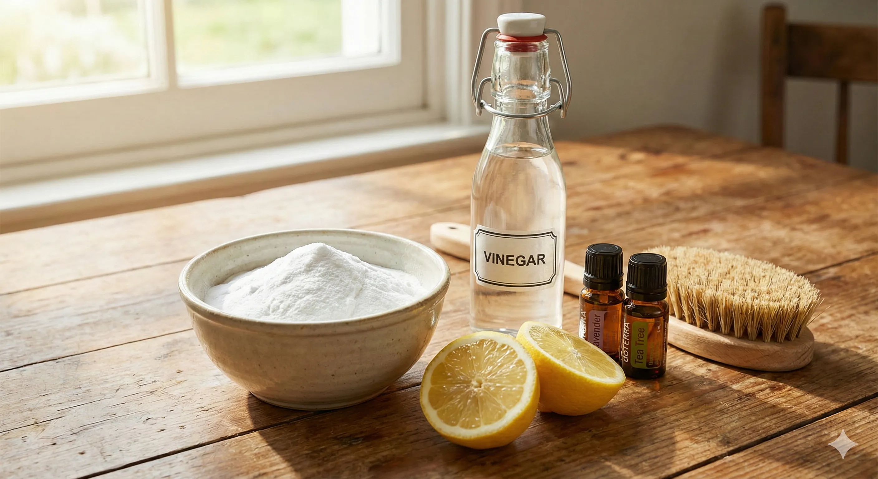 Ingrediente naturale curățenie pe masă în Brașov - bicarbonat, oțet, lămâi, uleiuri esențiale