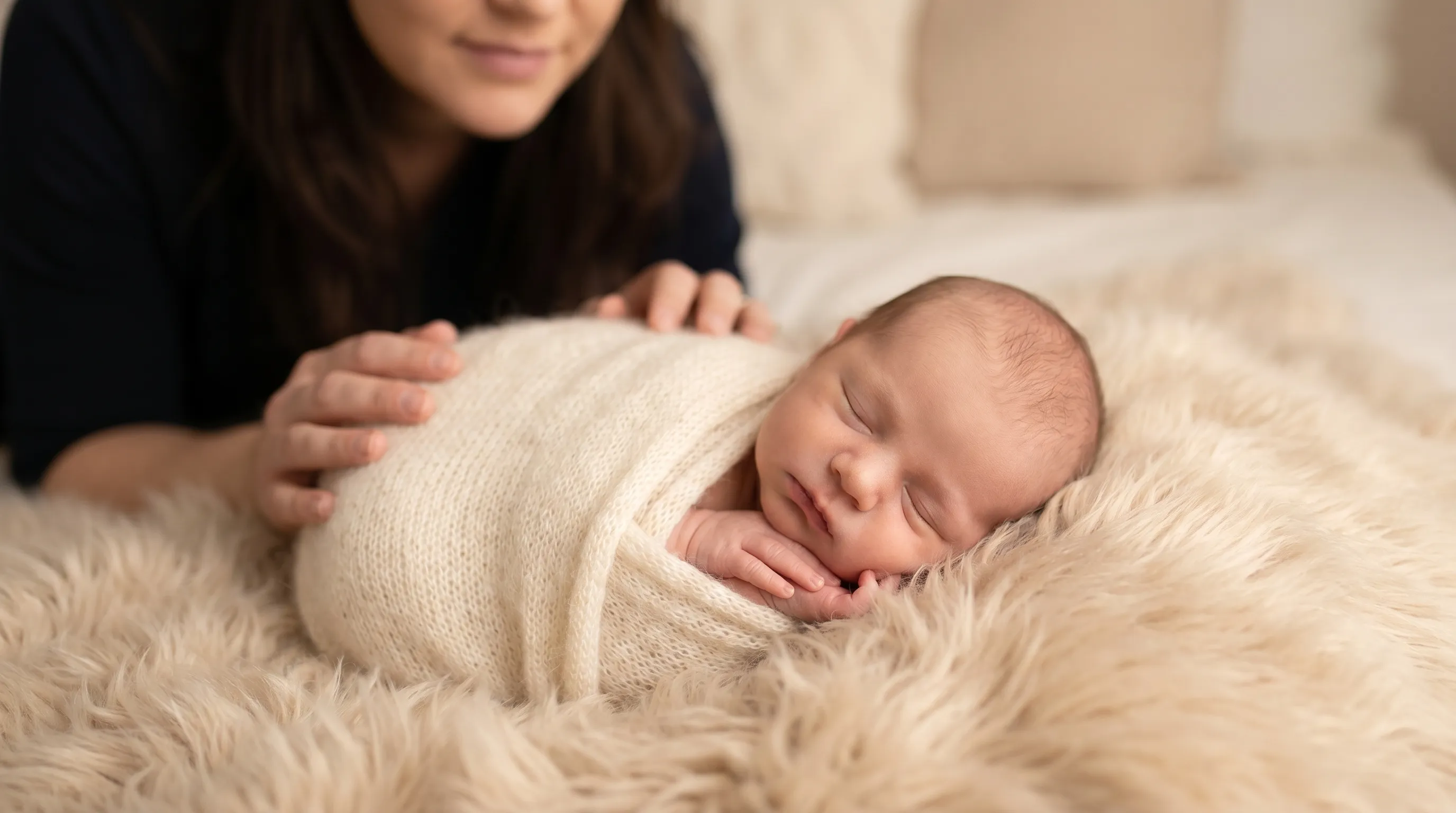 Ședință foto nou-născut într-un studio din Brașov - bebeluș învelit în pătură moale crem