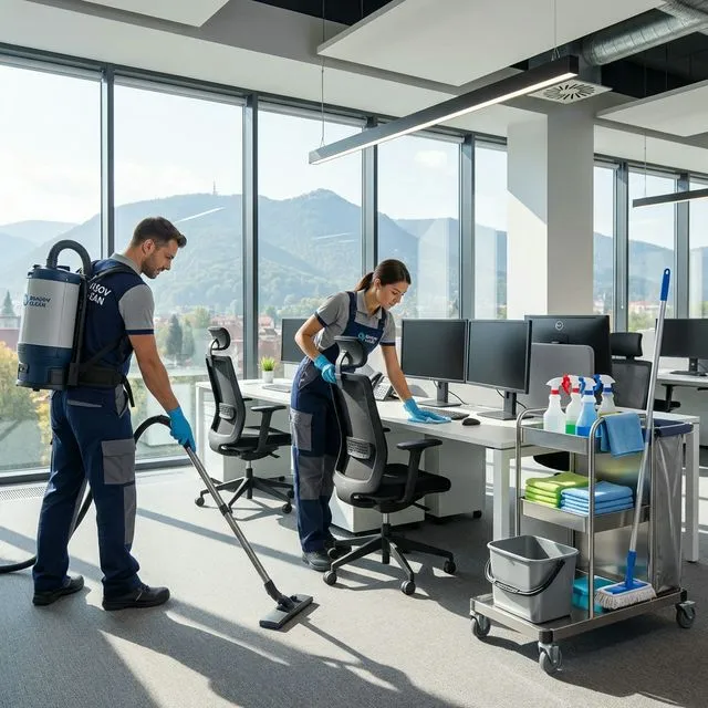 Echipă profesională de curățenie lucrând eficient în birou modern Brașov - aspirare, ștergere birouri, organizare