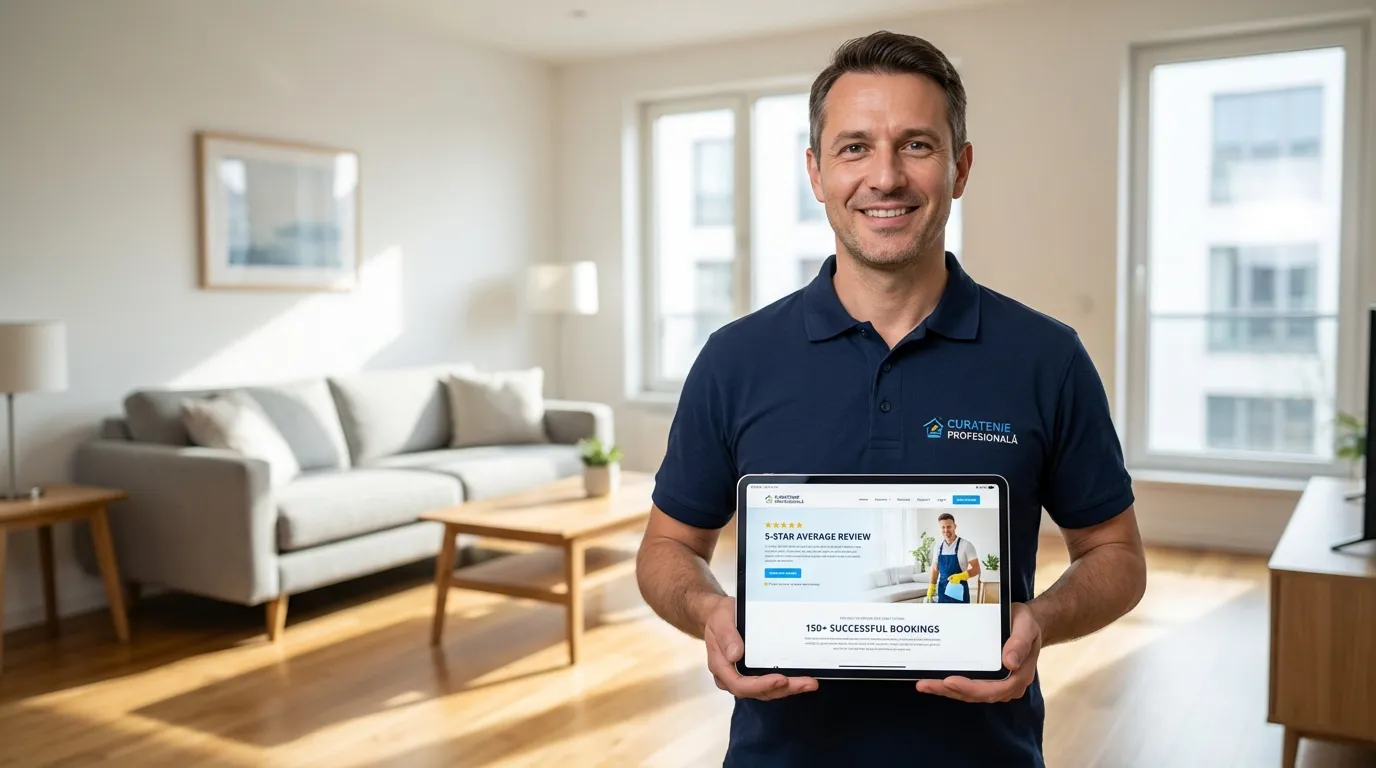 Prestator servicii curățenie din Brașov prezentând profilul său online cu recenzii și rezervări pe tabletă