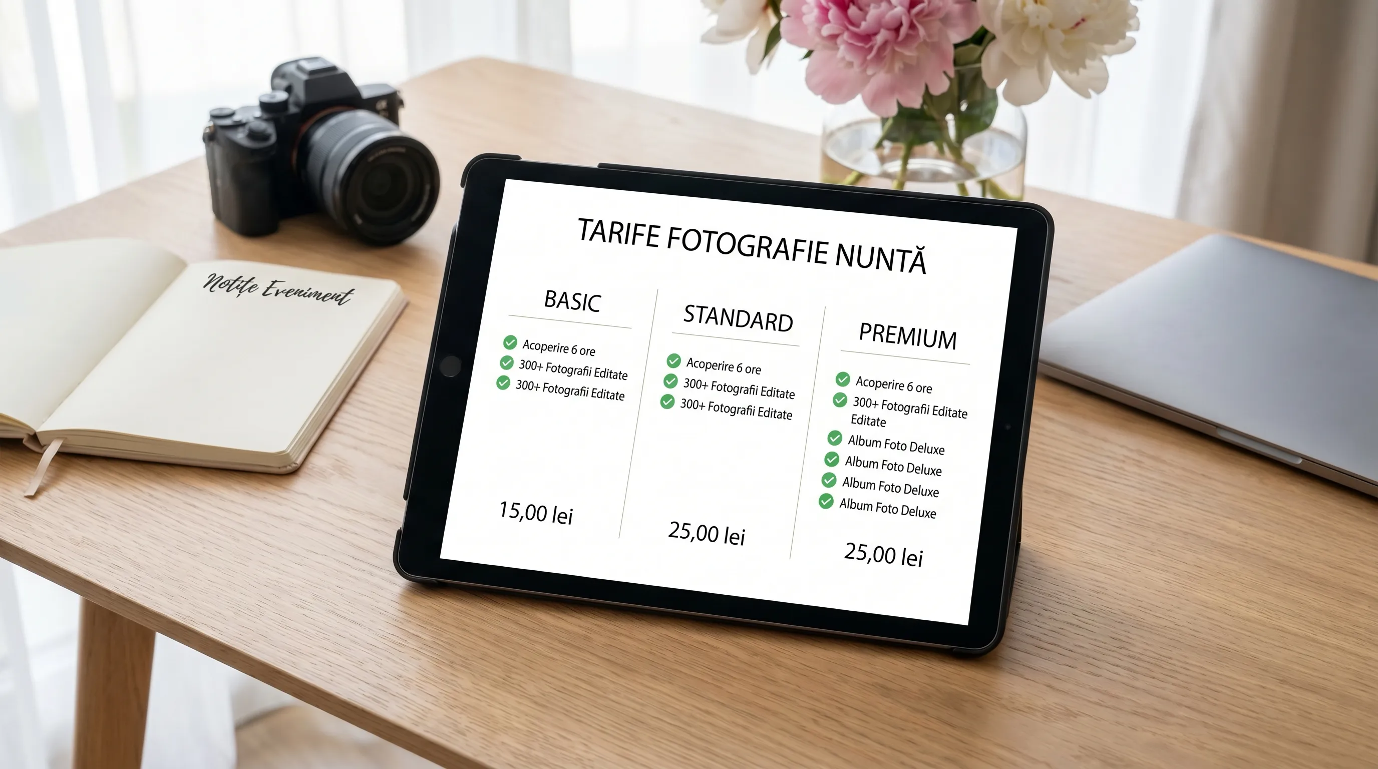 Tabletă afișând o comparație de pachete de fotograf de nuntă cu trei niveluri de preț prezentate cuplurilor
