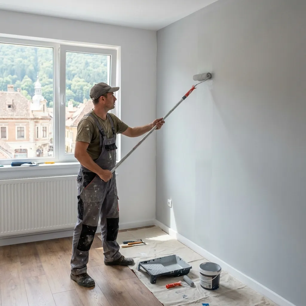 Zugrav aplicând vopsea cu rola pe perete în apartament Brașov