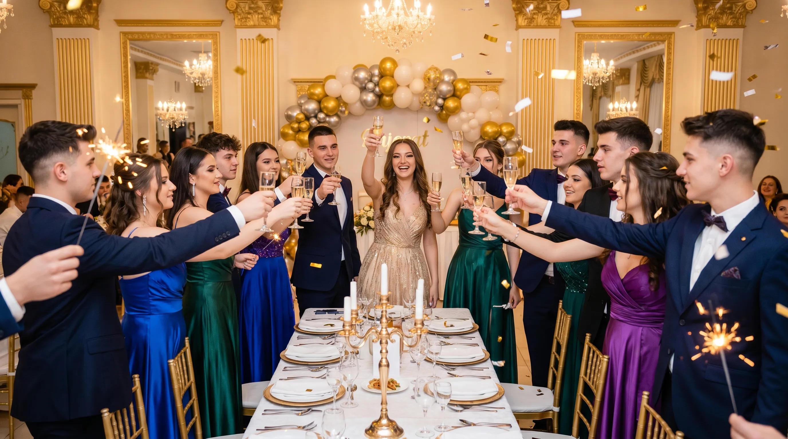 Grup de prieteni la majorat ridicând paharele de șampanie pentru toast în jurul sărbătoritului