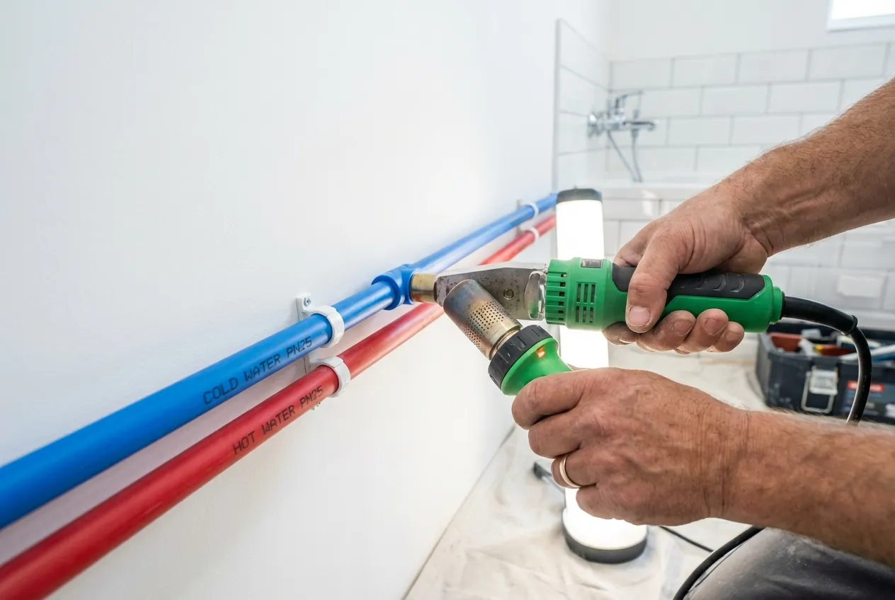 Instalator profesionist montând țevi PPR noi pentru instalații sanitare în Brașov