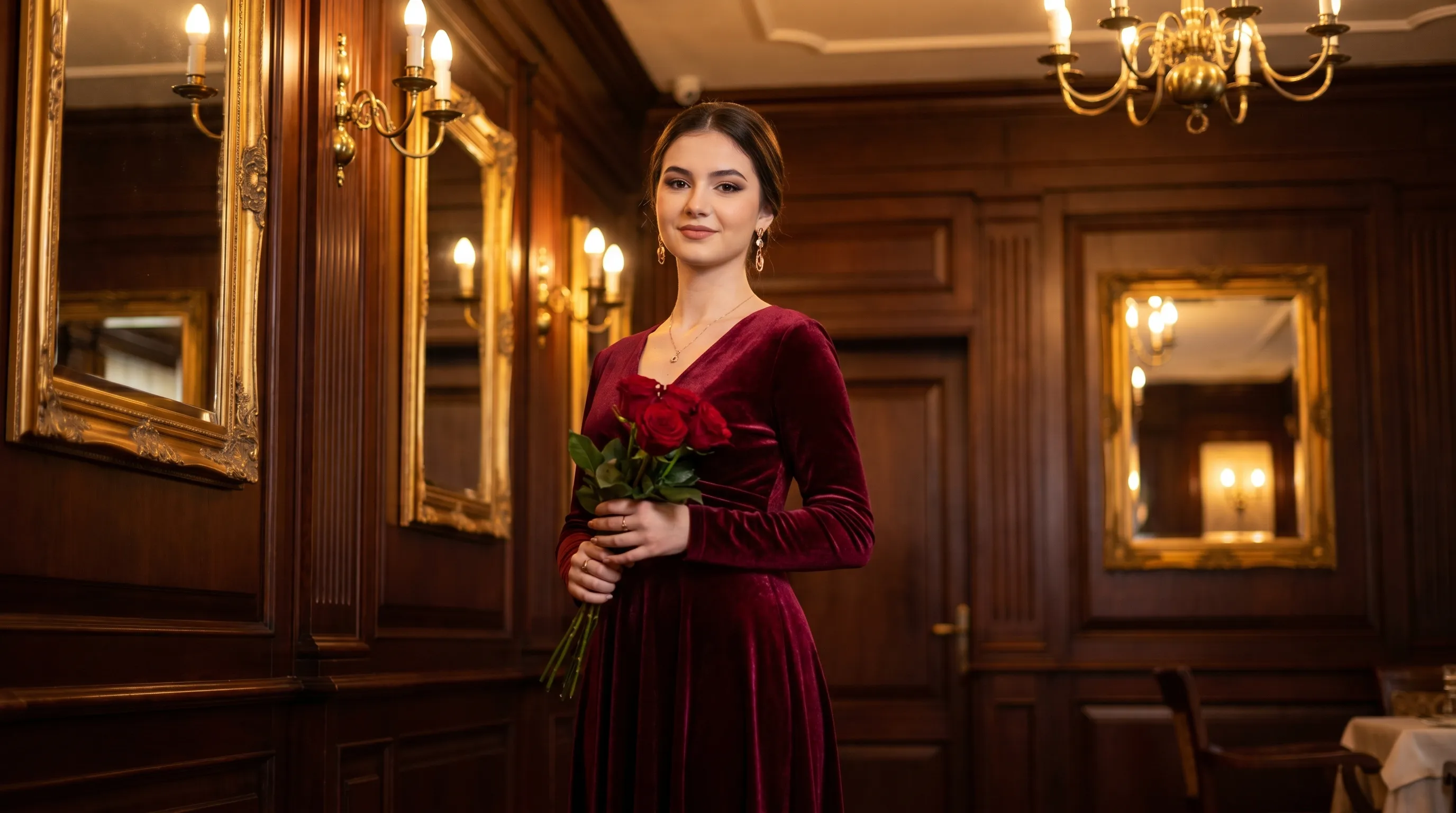 Tânăra de 18 ani în rochie elegantă lungă pentru ședința foto formală de la majorat