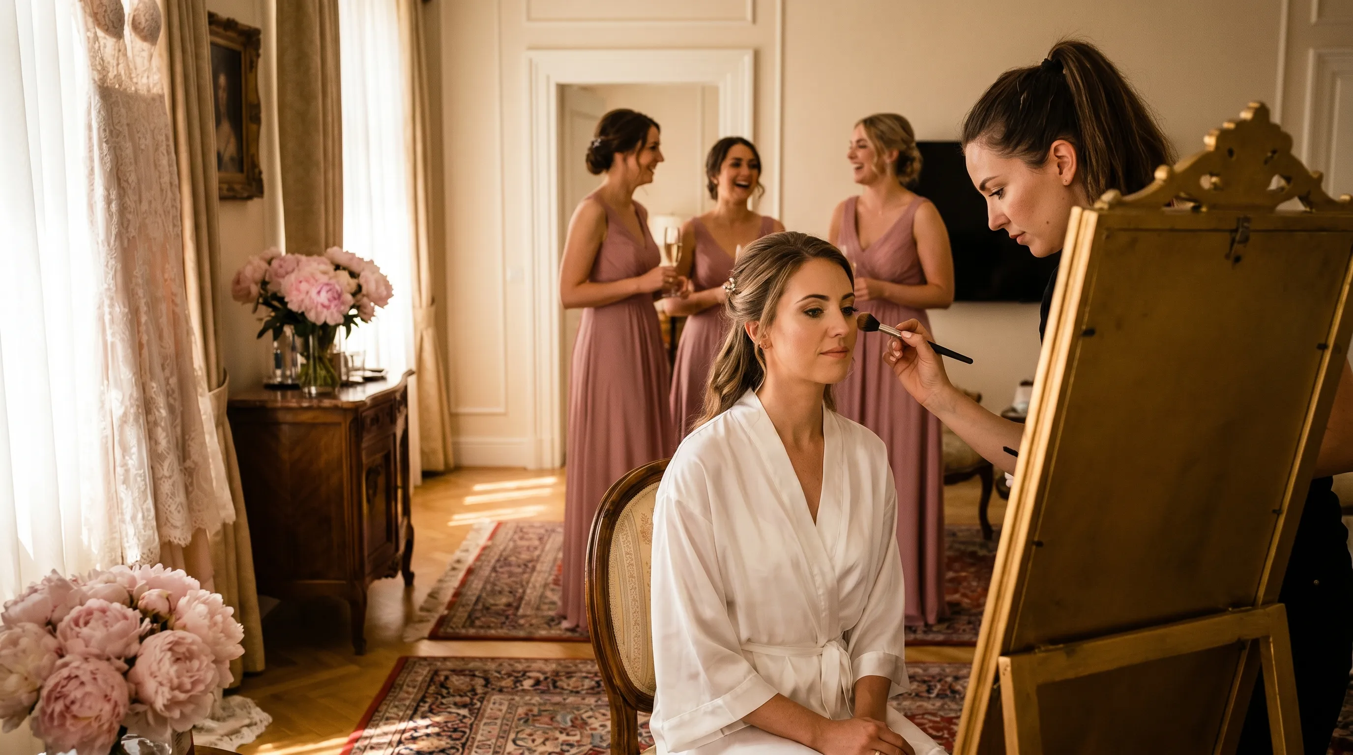 Mireasă cu domnișoarele de onoare în timpul pregătirilor de dimineață, surprinse de un fotograf de nuntă