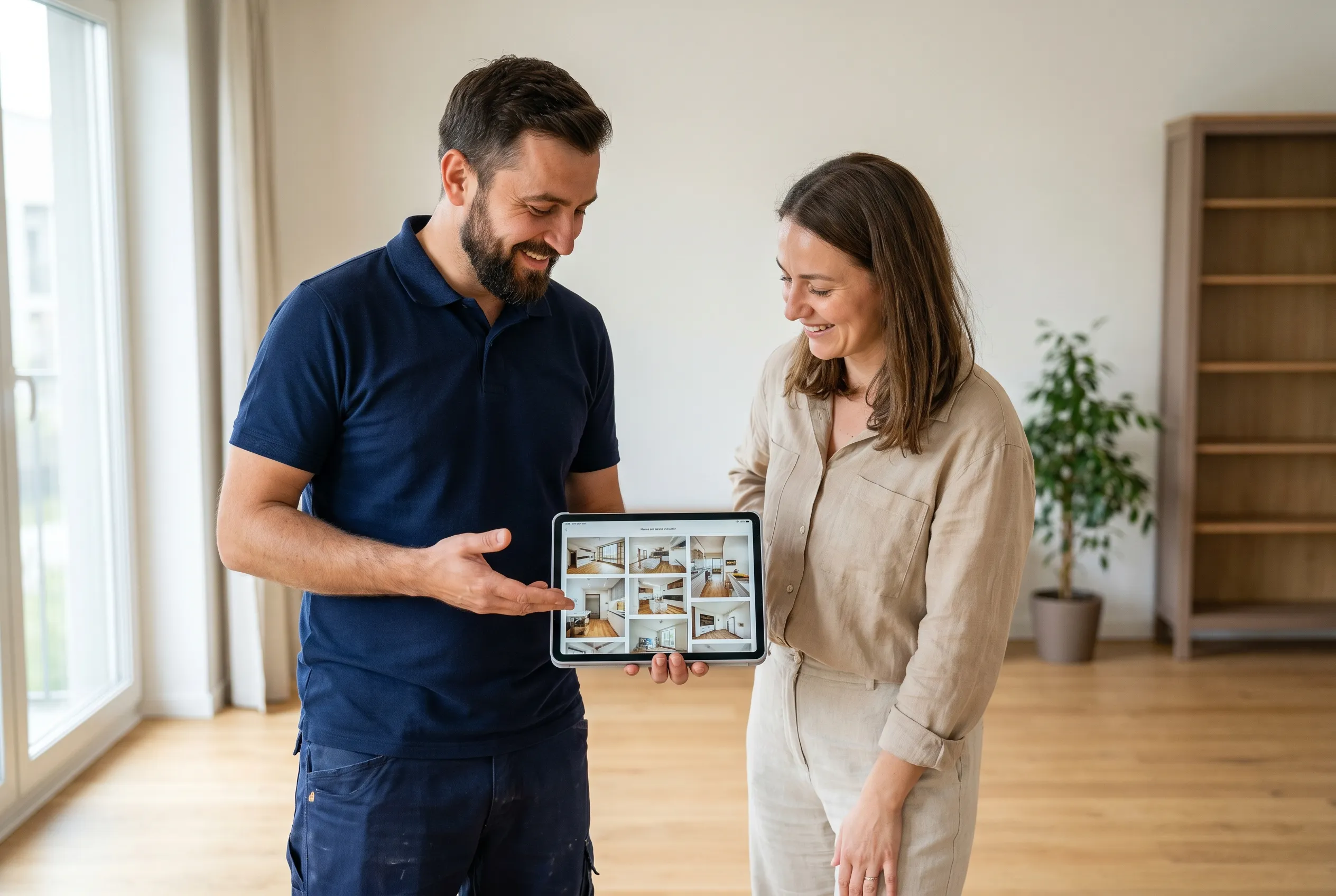 Un profesionist verificat îi arată unui client portofoliul cu lucrări reale pe o tabletă, într-un apartament luminos