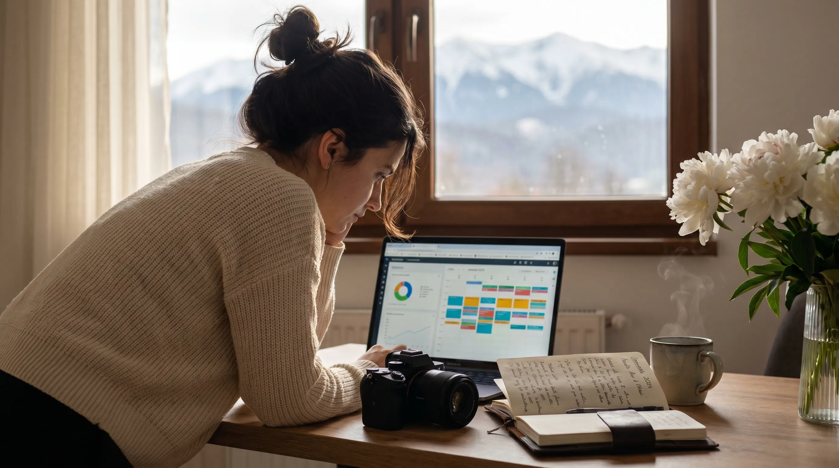 Fotografă din Brașov gestionându-și calendarul de programări și statisticile pe laptopul din studio-ul de acasă