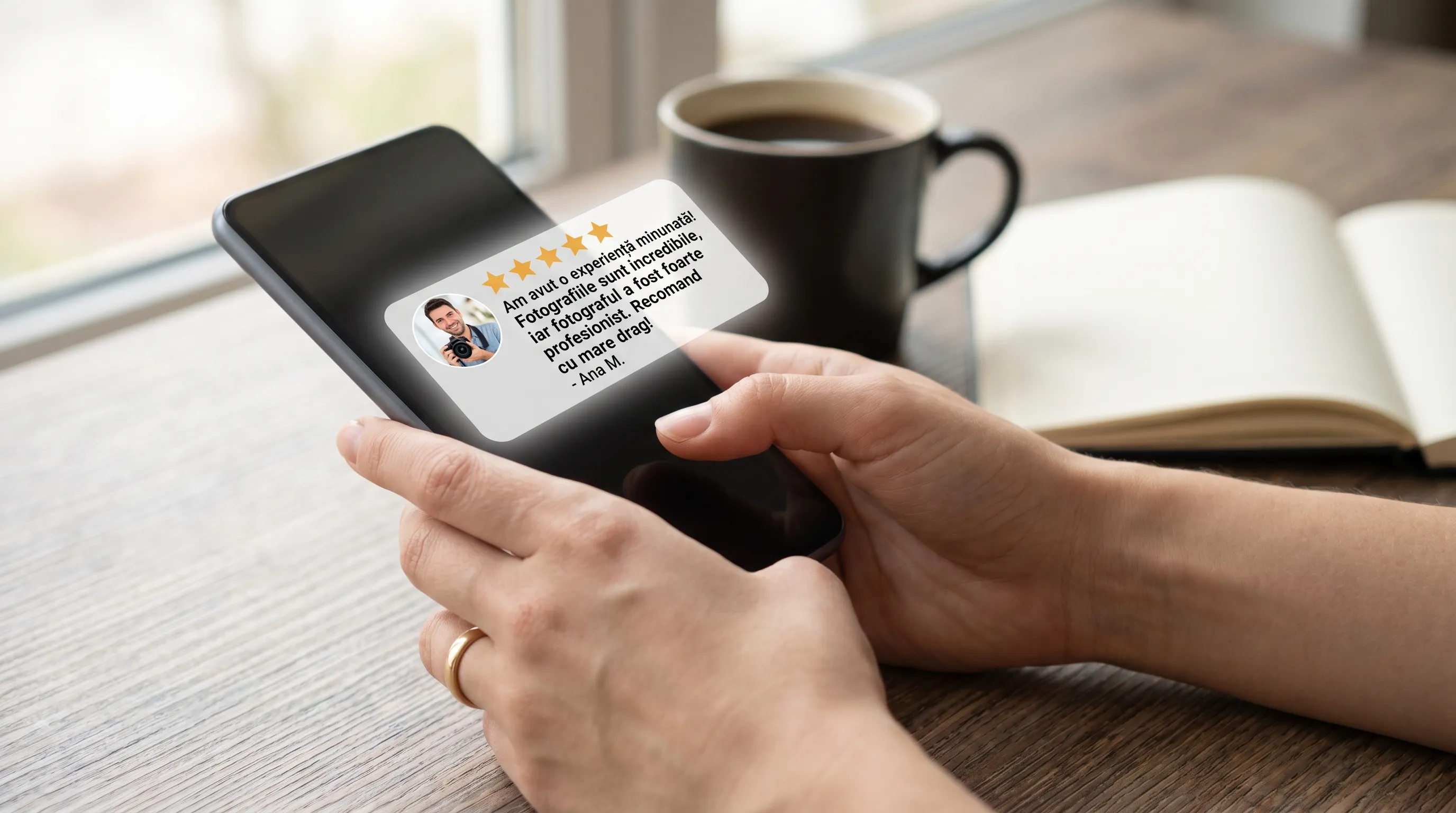 Cuplu mulțumit lăsând o recenzie de 5 stele pe telefon după ce a primit galeria fotografiilor de nuntă