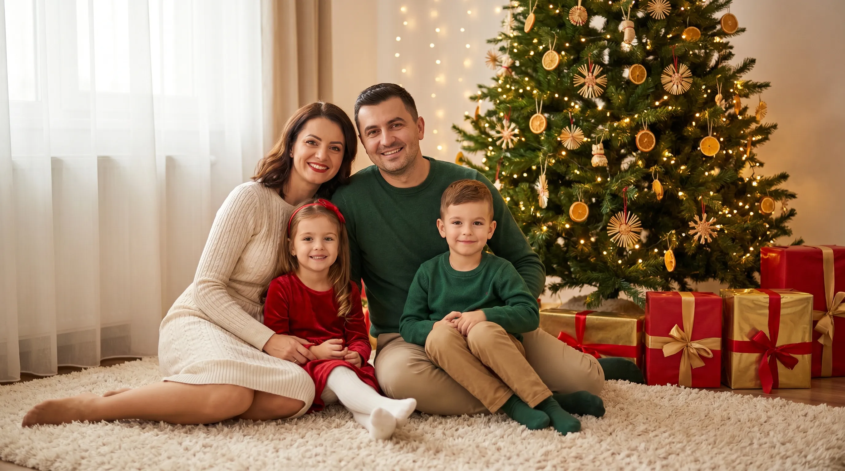 Ședință foto de Crăciun cu o familie tânără în jurul bradului decorat cu lumini calde