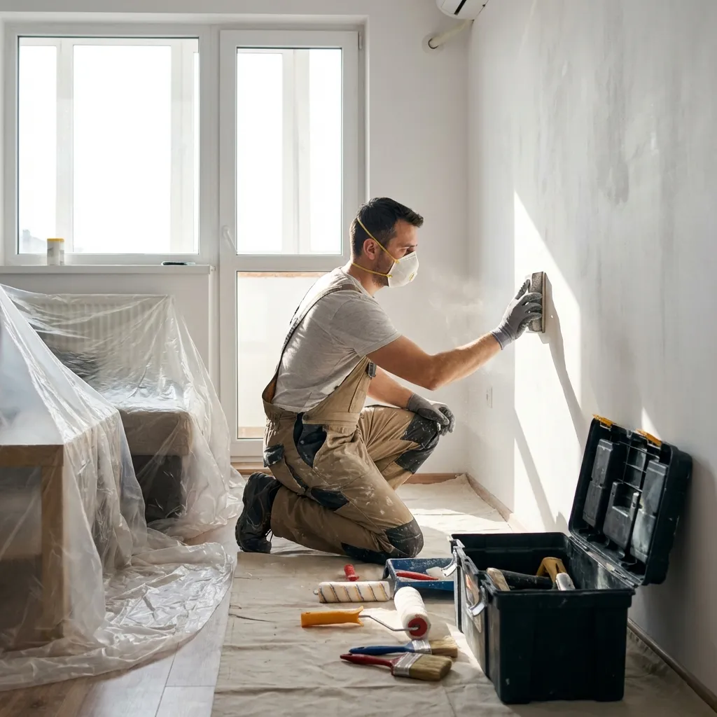 Zugrav profesionist pregătind suprafața peretelui prin șlefuire în Brașov