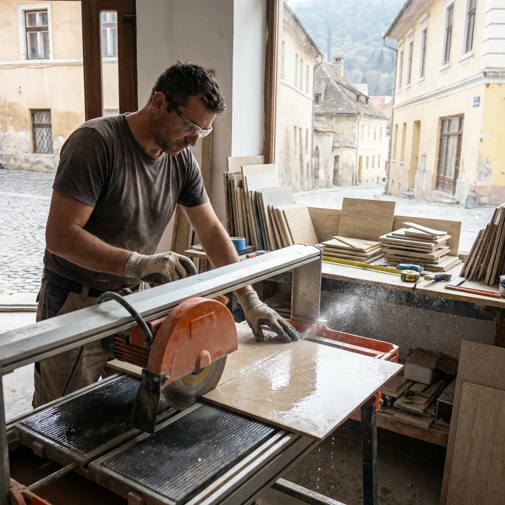 Meșter tăind gresie cu mașină diamantată profesională în Brașov