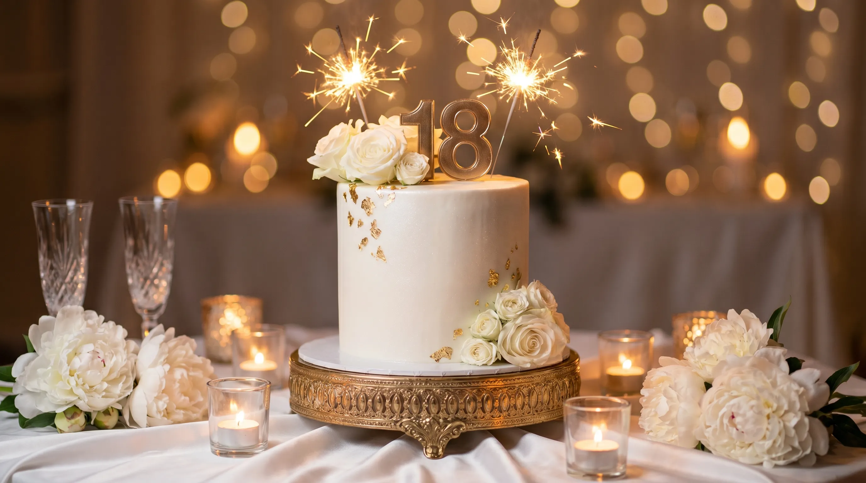 Tortul de majorat decorat cu trandafiri albi și lumânări aprinse cu scântei