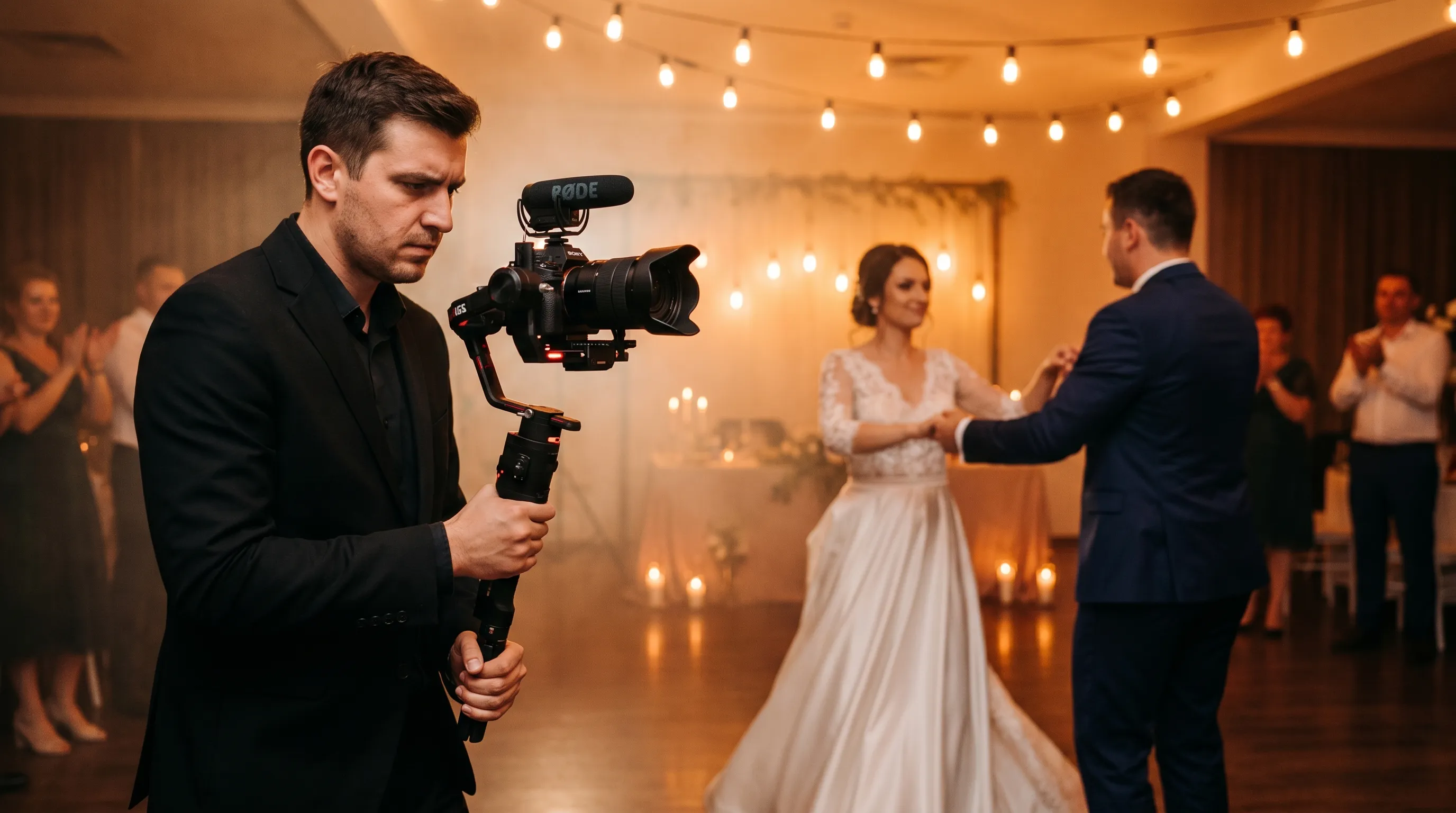 Videograf folosind un stabilizator gimbal pentru a filma primul dans la o petrecere de nuntă în Brașov