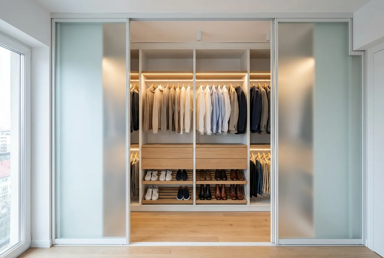 Dressing walk-in personalizat cu uși glisante și iluminat LED integrat în Brașov