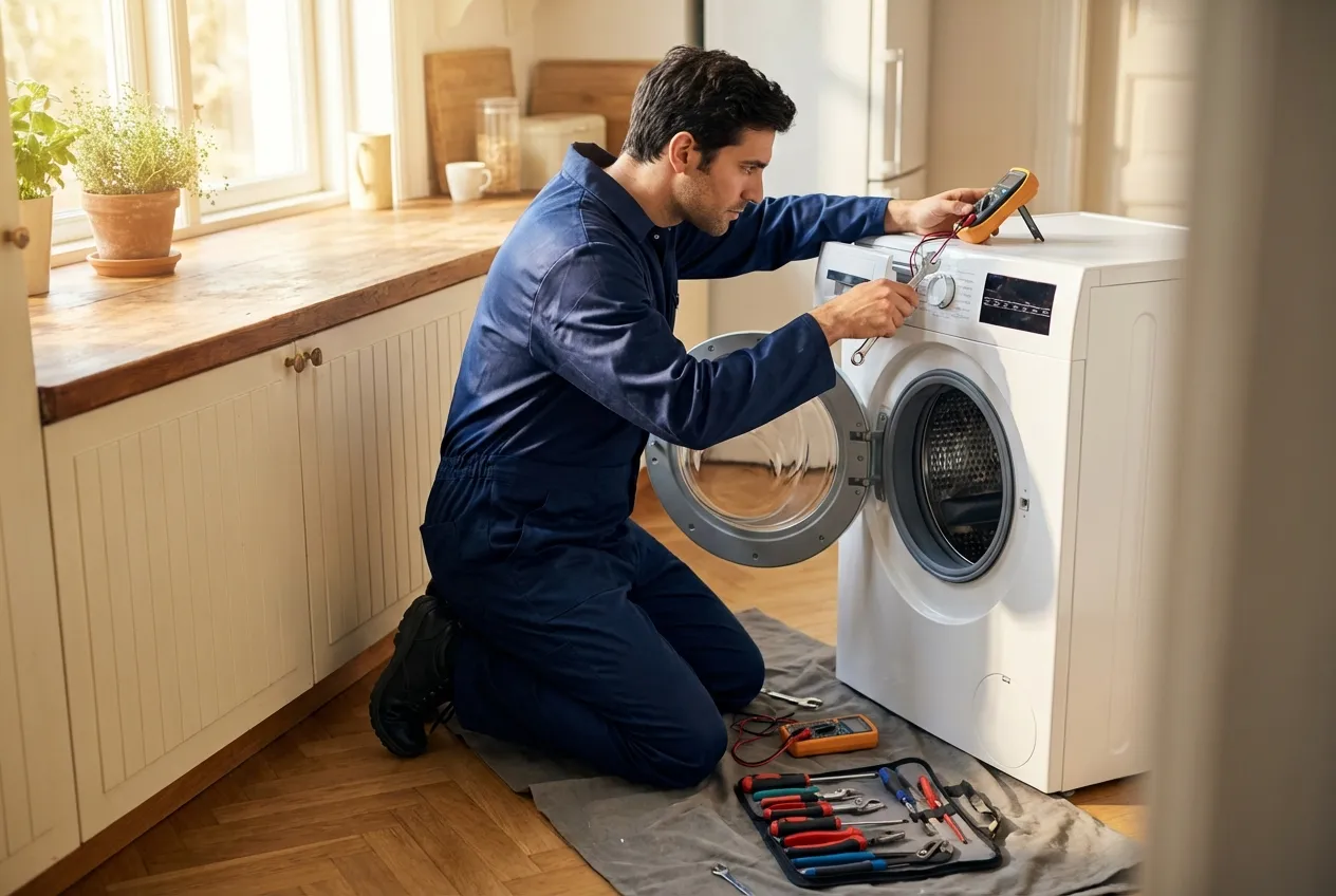 Tehnician profesionist reparând o mașină de spălat în Brașov